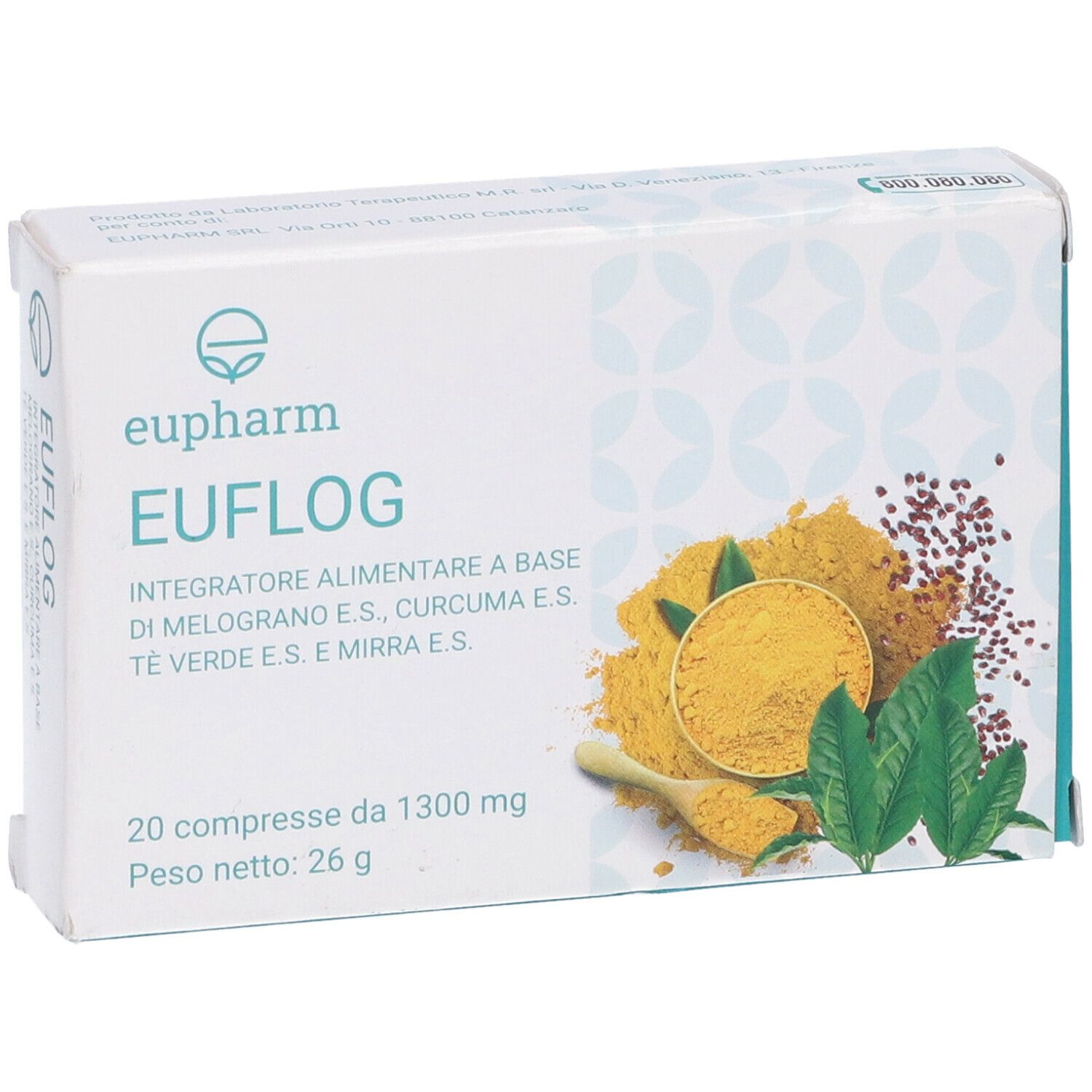 Scatola con 20 compresse. Scritta: EUFLOG, integratore alimentare. Marchio: Eupharm. Illustrazione di erbe.