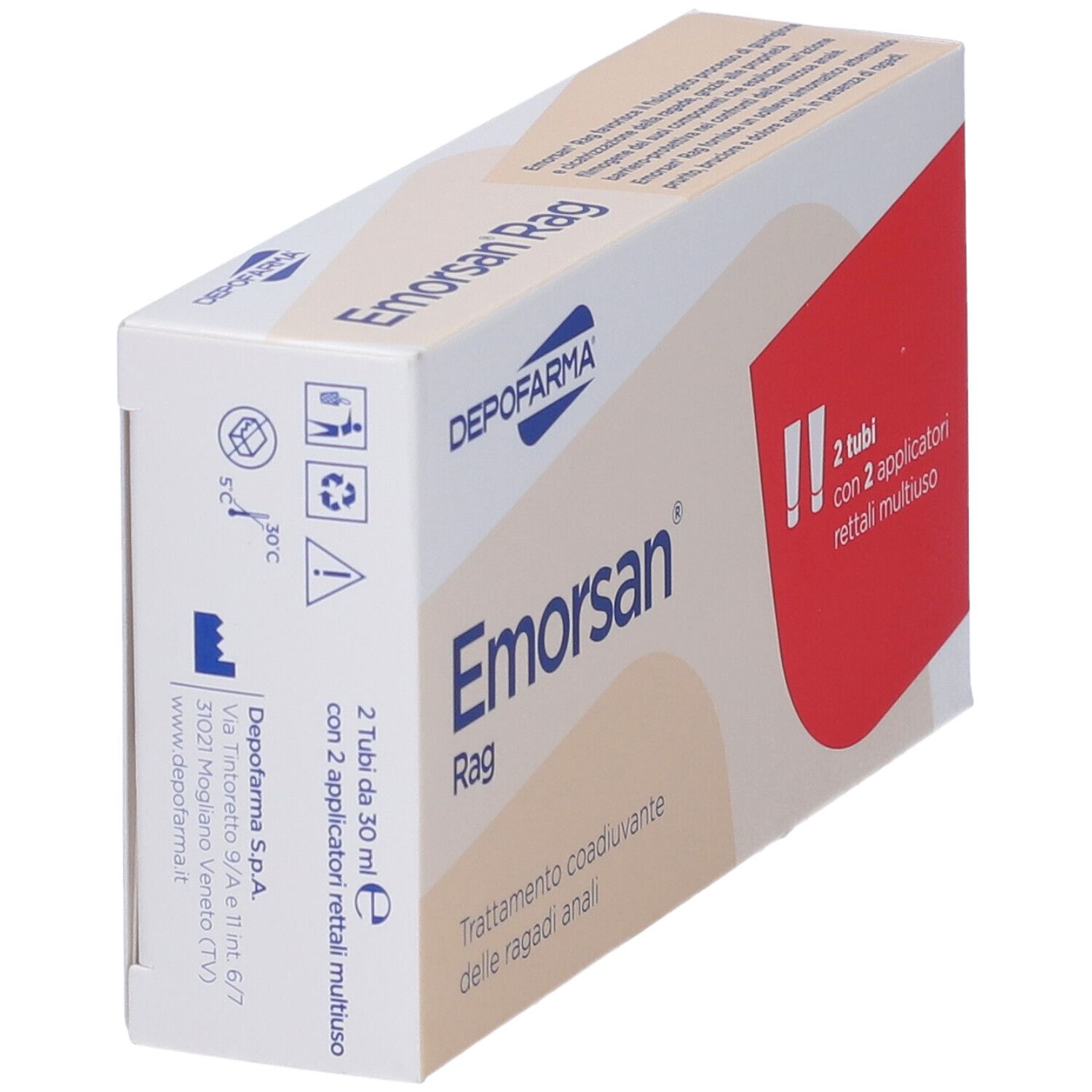 Confezione Emorsan Rag. Scatola bianca con nome, logo e testo del prodotto. Contiene 2 tubi con applicatori.