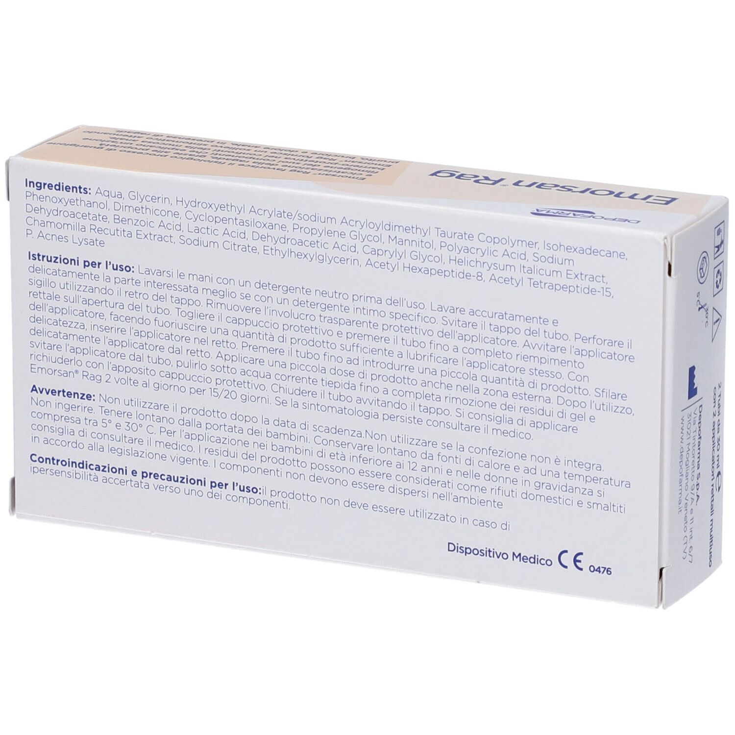 Retro della confezione Emorsan Rag. Testo con ingredienti e istruzioni per l'uso. Marchio dispositivo medico.