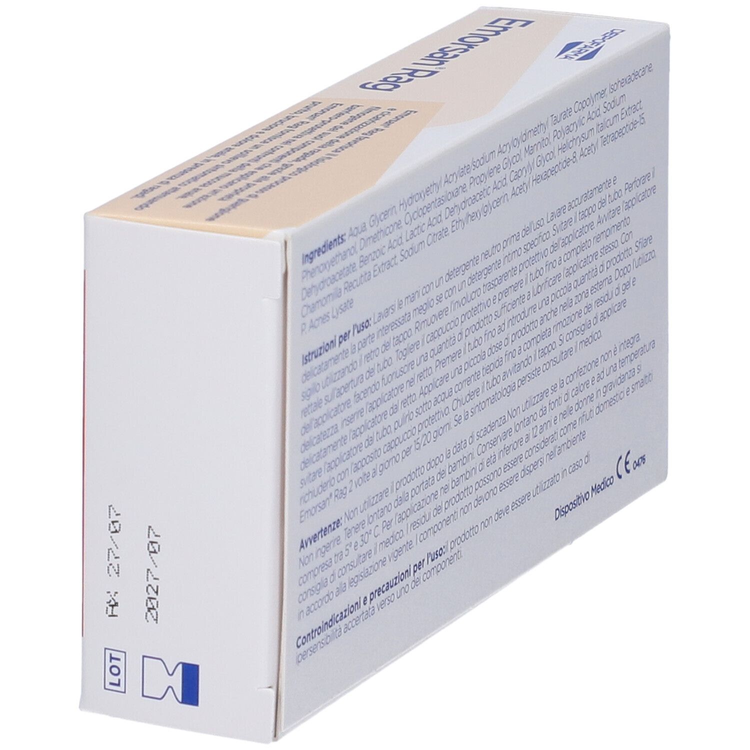 Retro della confezione Emorsan Rag. Testo con ingredienti e istruzioni per l'uso. Marchio dispositivo medico.