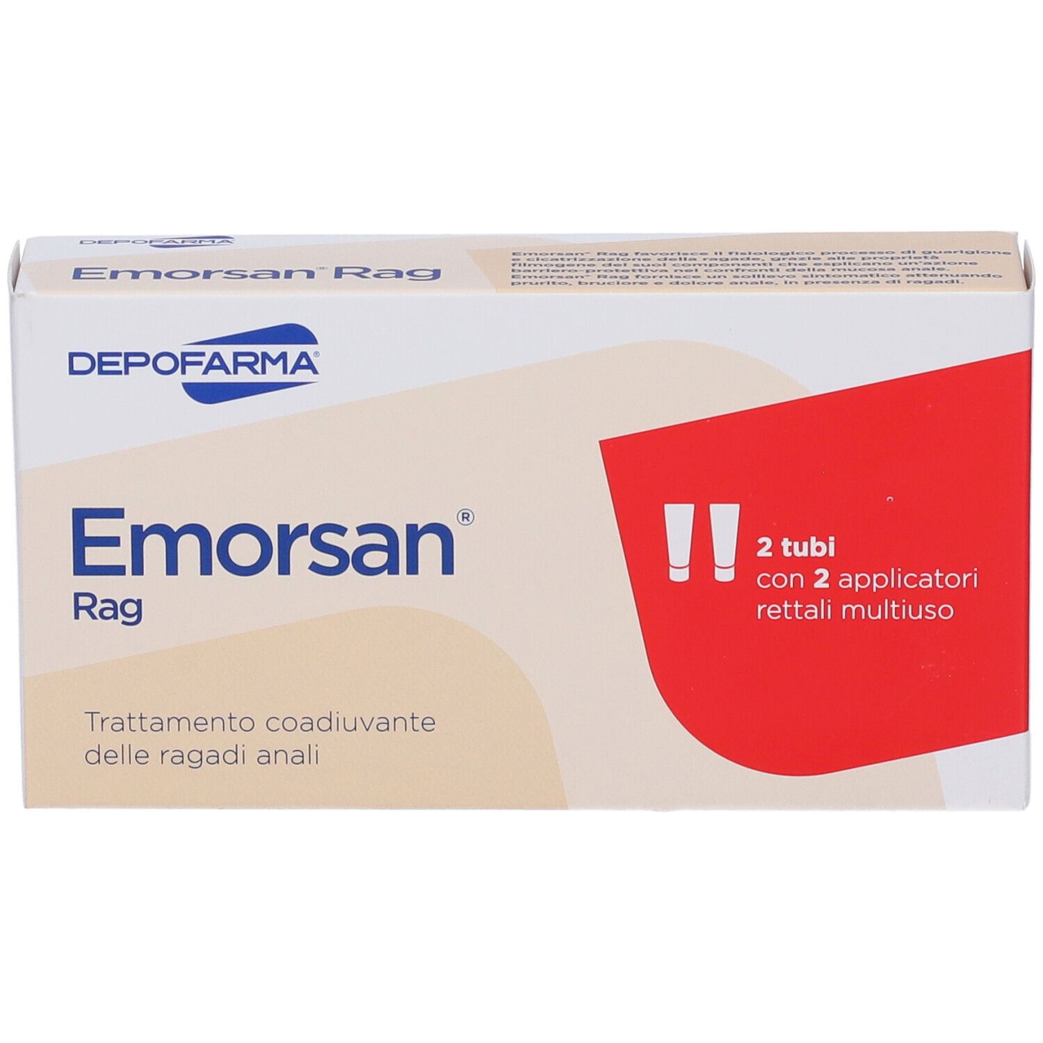 Confezione Emorsan Rag. Scatola bianca e beige con nome e logo del prodotto. Contiene 2 tubi con applicatori.