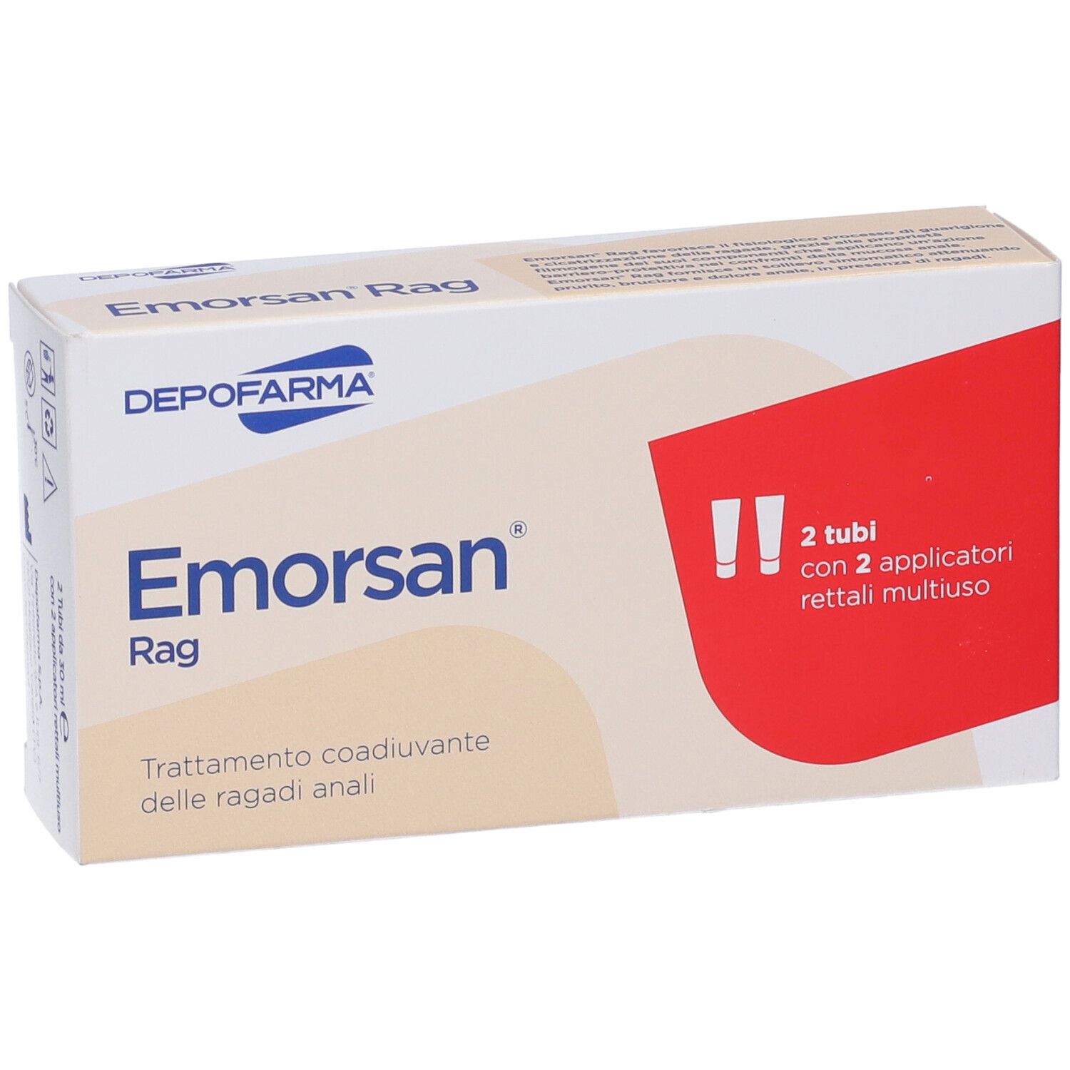 Confezione Emorsan Rag. Scatola bianca e beige con nome e logo del prodotto. Contiene 2 tubi con applicatori.