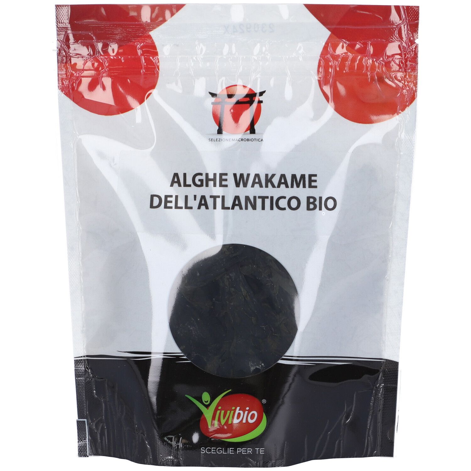 Confezione di alghe Wakame. Scritta: Alghe Wakame dell'Atlantico Bio. Marchio: Vivibio. Confezione trasparente.