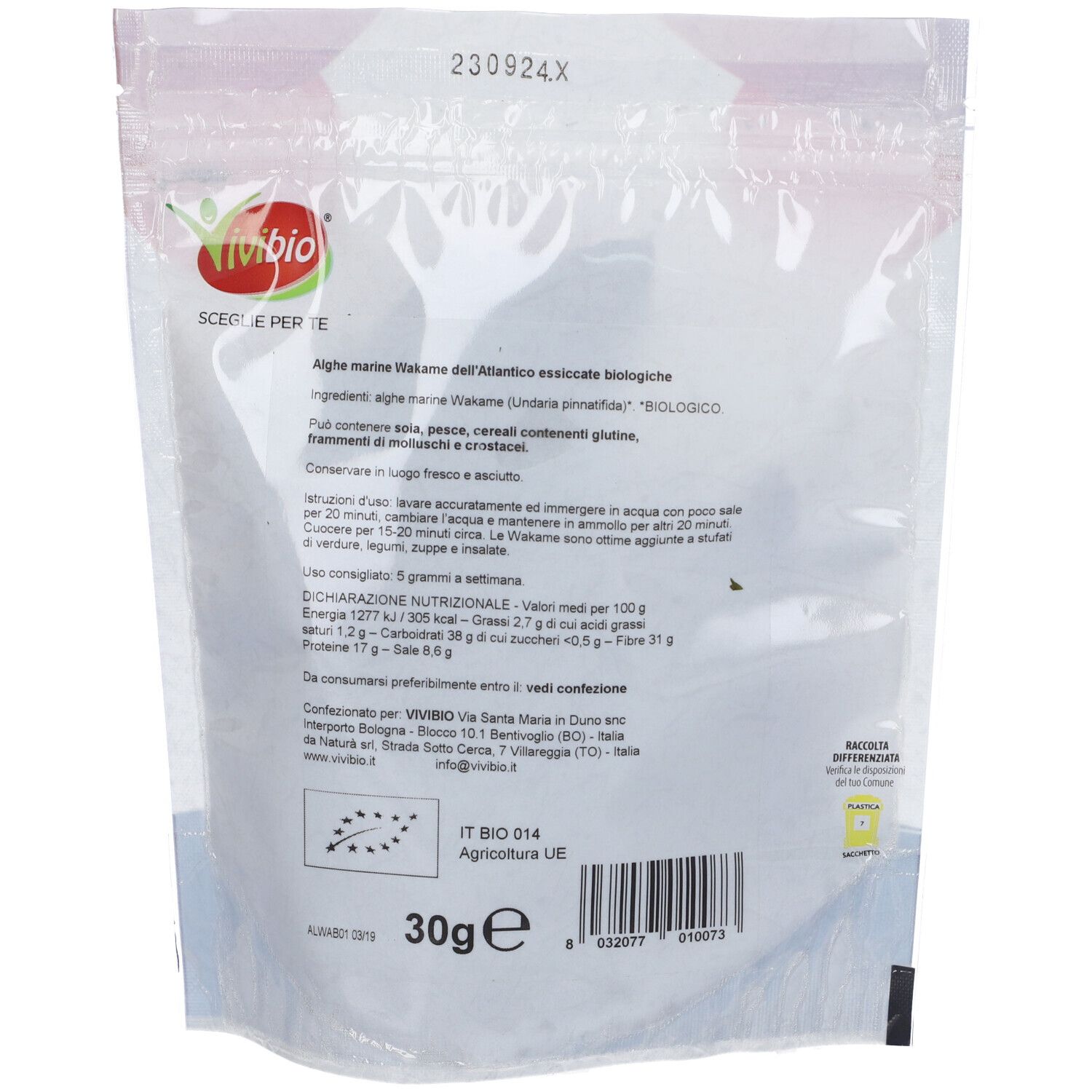 Retro della confezione di alghe Wakame. Testo: ingredienti, valori nutrizionali, produttore. Sigillo bio UE. 30g.