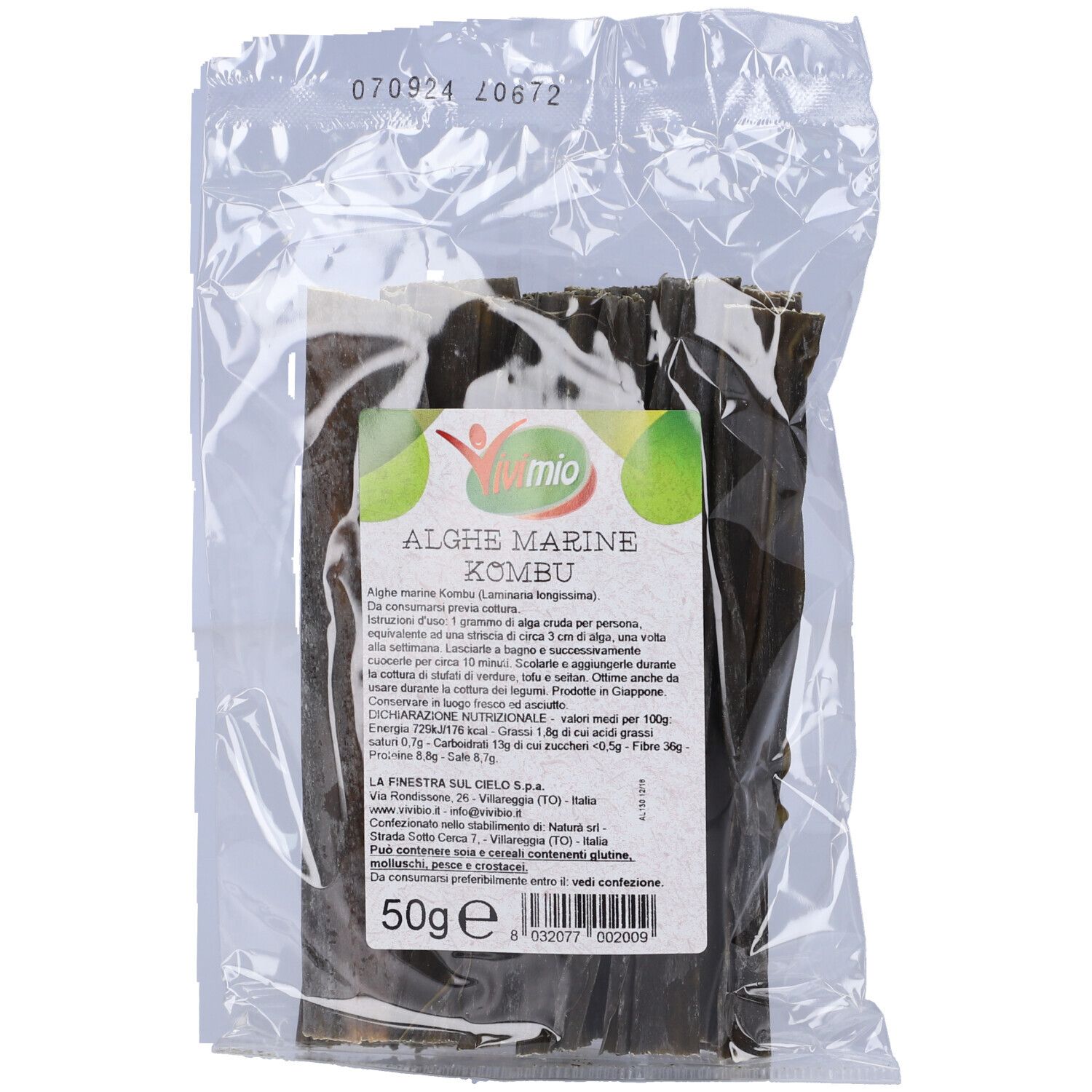 Alghe Kombu Vvm in confezione trasparente. Etichetta con informazioni e indicazione 50g.