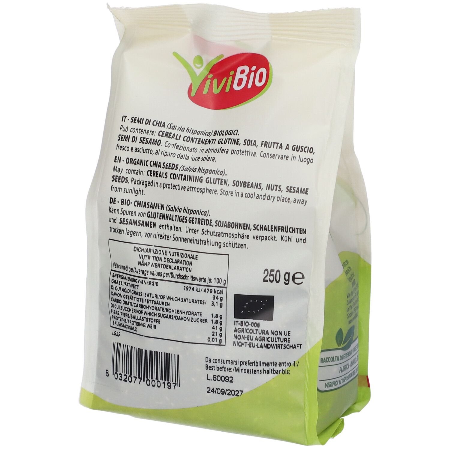 Fronte di una confezione di semi di chia bio ViviBio, 250g, con sigillo biologico e valori nutrizionali.
