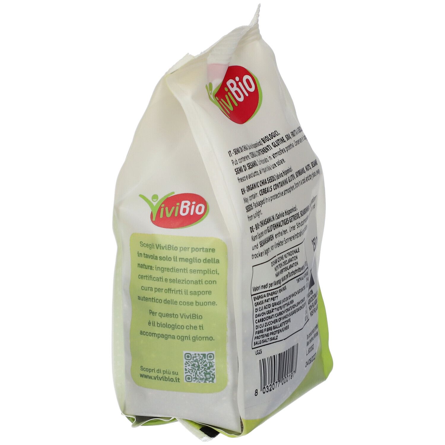 Retro della confezione di semi di chia Vivibio. Informazioni testuali e codice QR. Sigillo biologico verde.