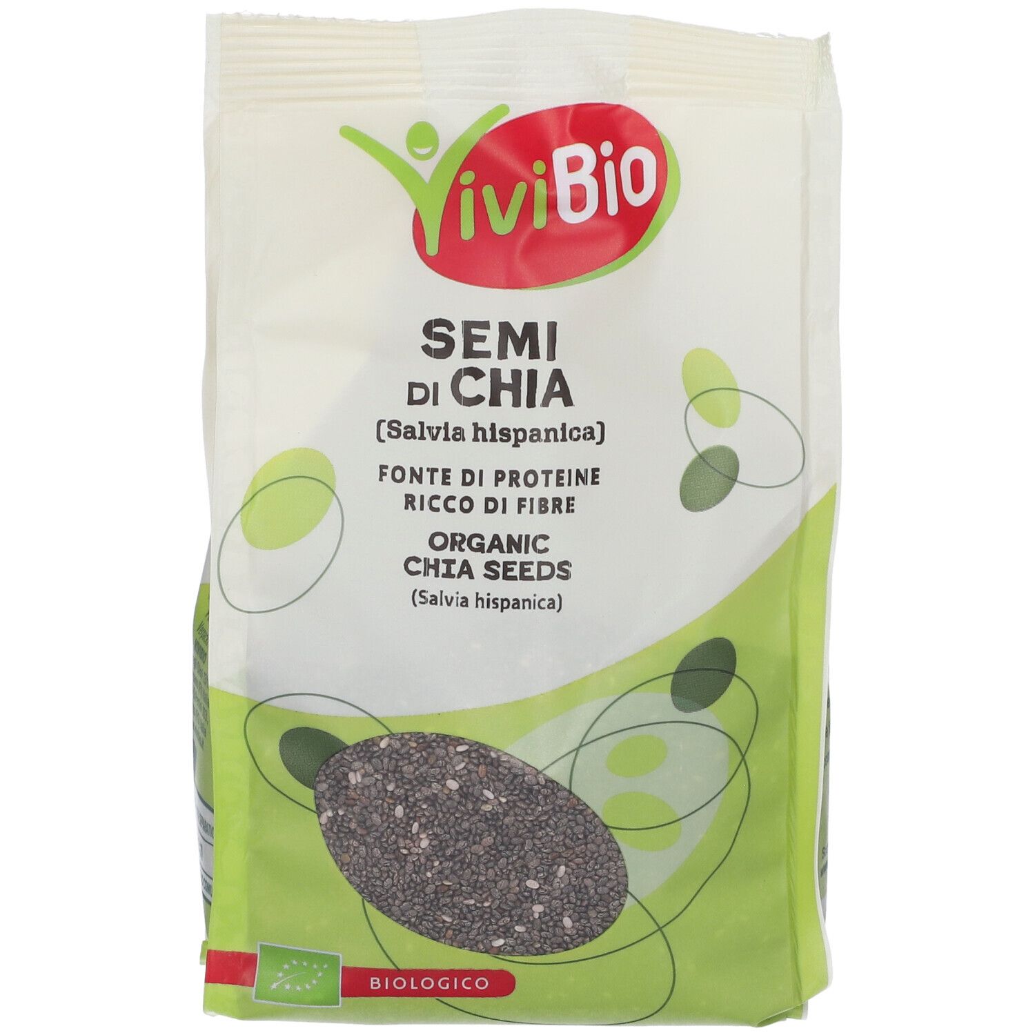 Confezione di semi di chia Vivibio. Scritta: Semi di Chia, Organic Chia Seeds. Sigillo biologico verde in basso a sinistra.