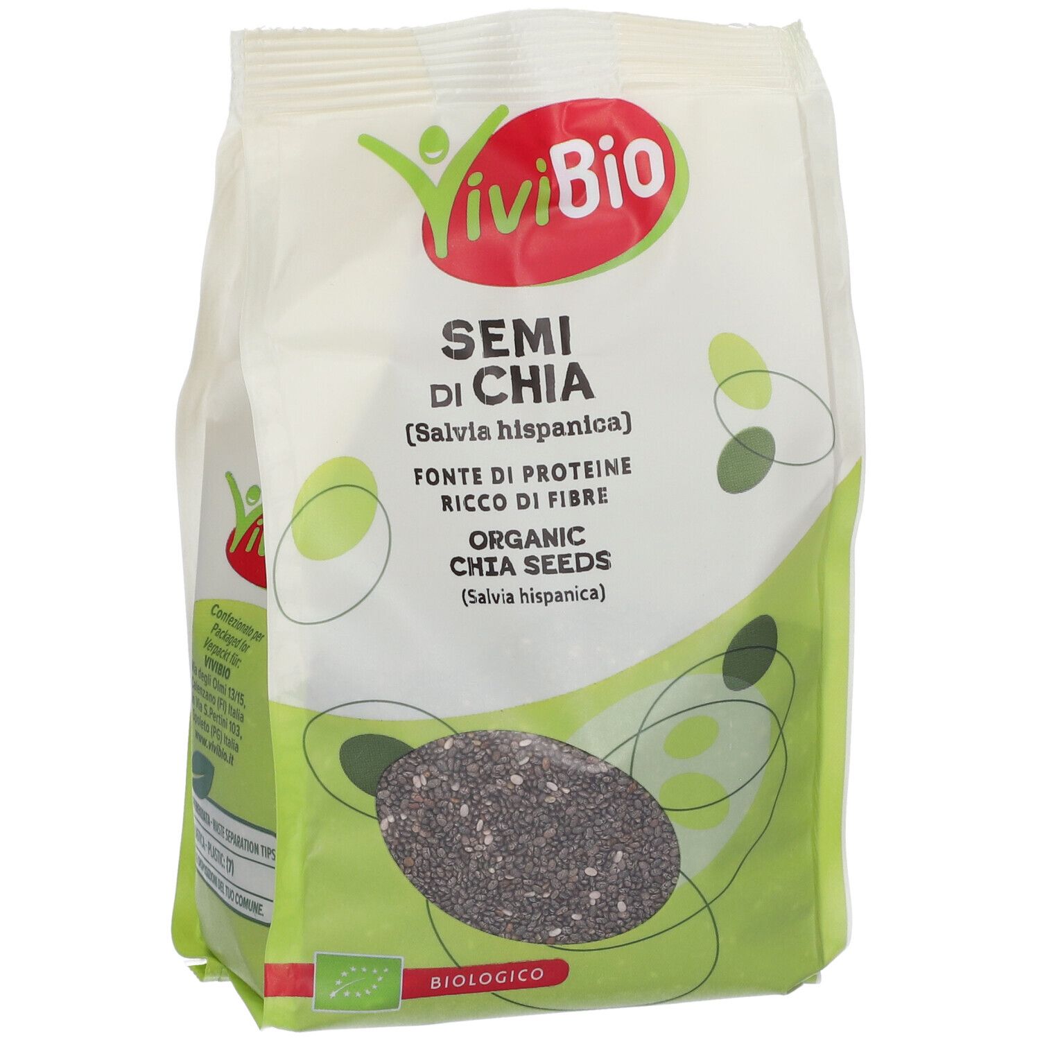 Due confezioni di semi di chia Vivibio. Scritta: Semi di Chia, Organic Chia Seeds. Sigillo biologico verde.
