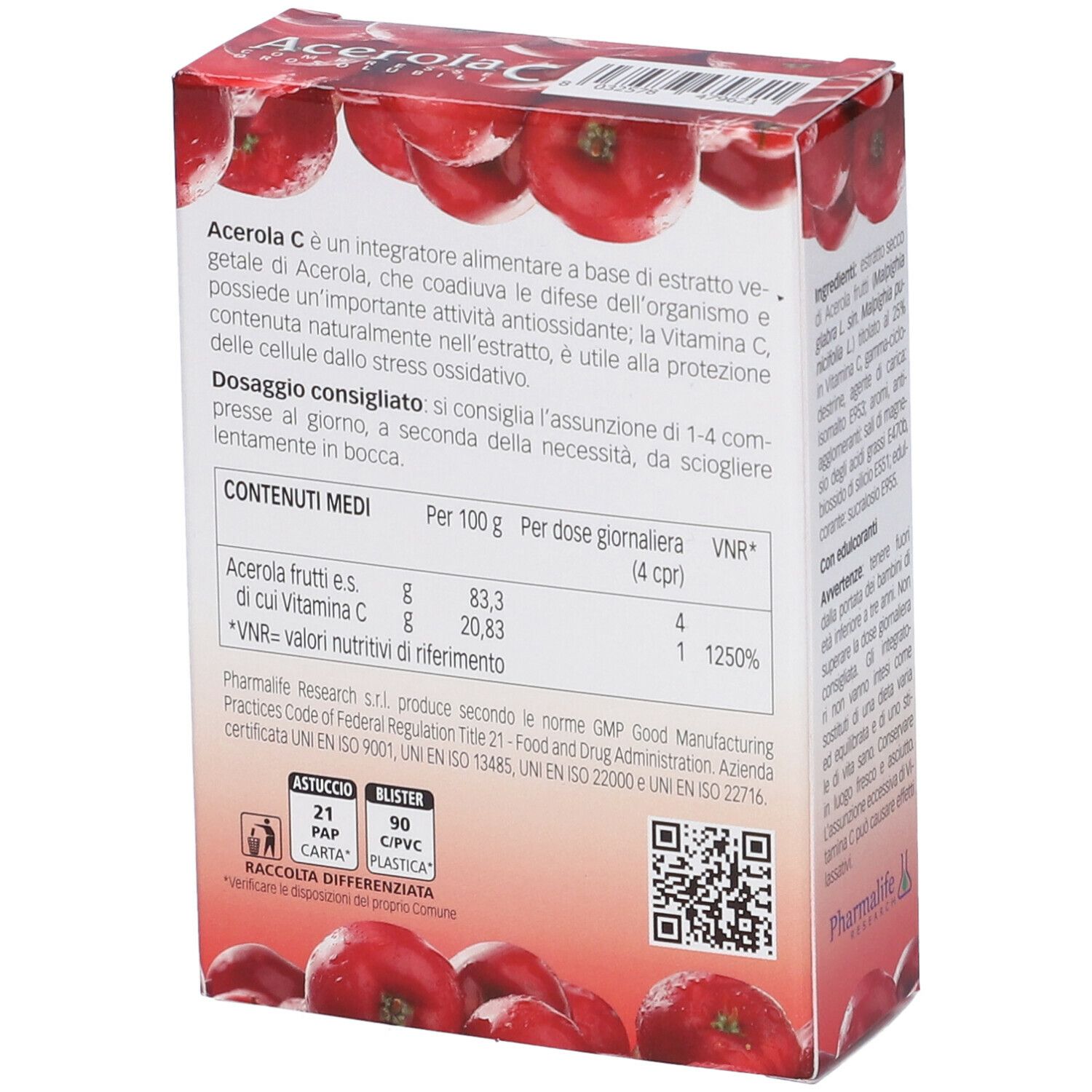 Retro della confezione Acerola C Compresse Orosolubili. Contiene informazioni nutrizionali e QR code.