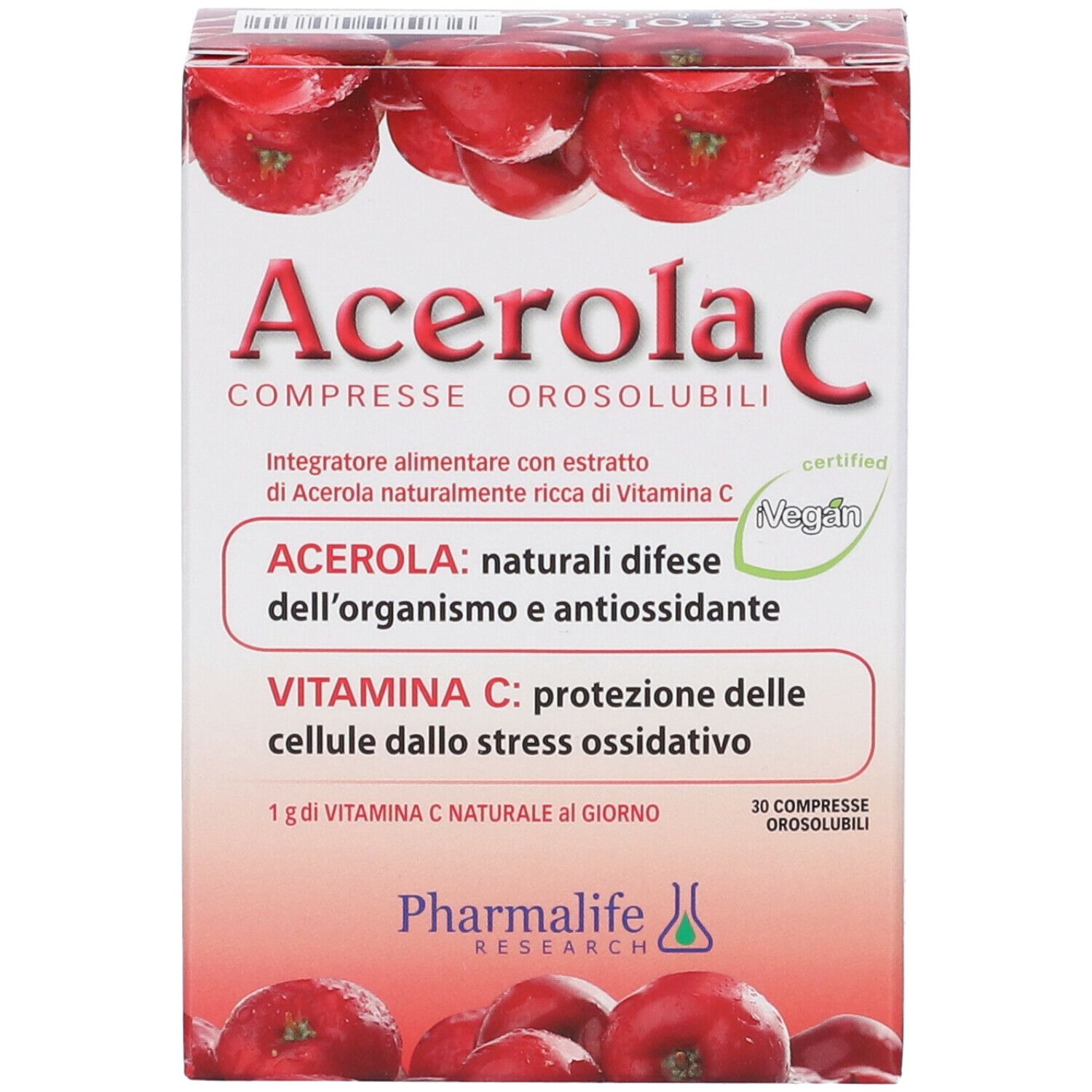 Scatola di Acerola C Compresse Orosolubili. Confezione rossa e bianca con informazioni e logo.