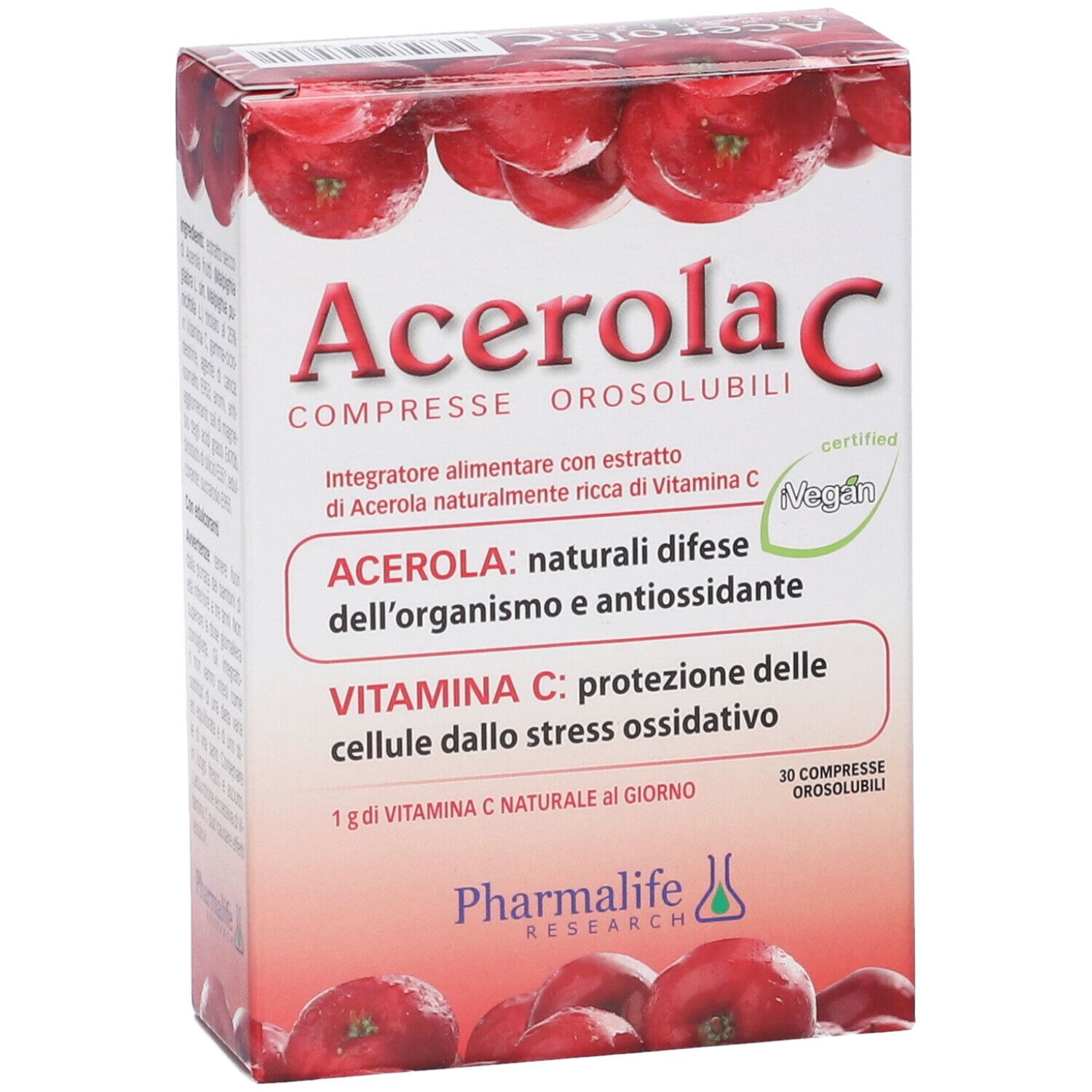 Scatola di Acerola C Compresse Orosolubili. Confezione rossa e bianca con informazioni e logo.