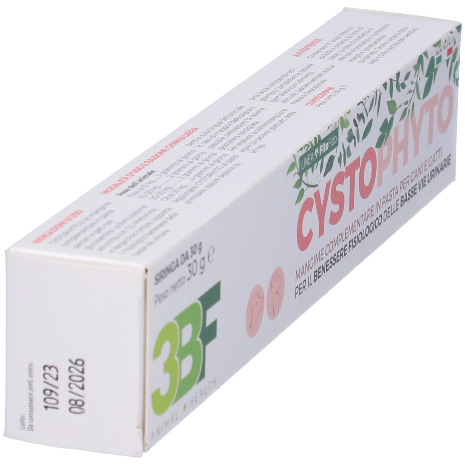 Confezione Cystophyto, scatola bianca con testo e logo. Logo 3BF. Testo: Cystophyto, per cani e gatti. Data di scadenza.