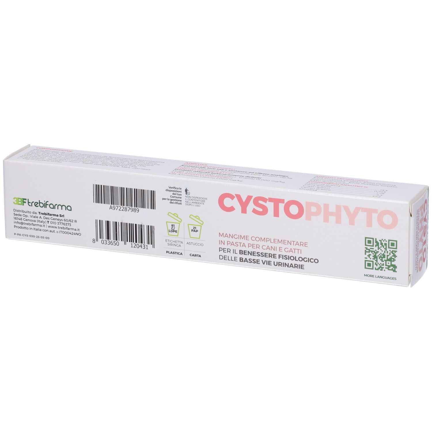 Confezione Cystophyto, scatola bianca con testo e logo. Logo 3BF. Testo: Cystophyto, per cani e gatti. Simboli di riciclaggio.