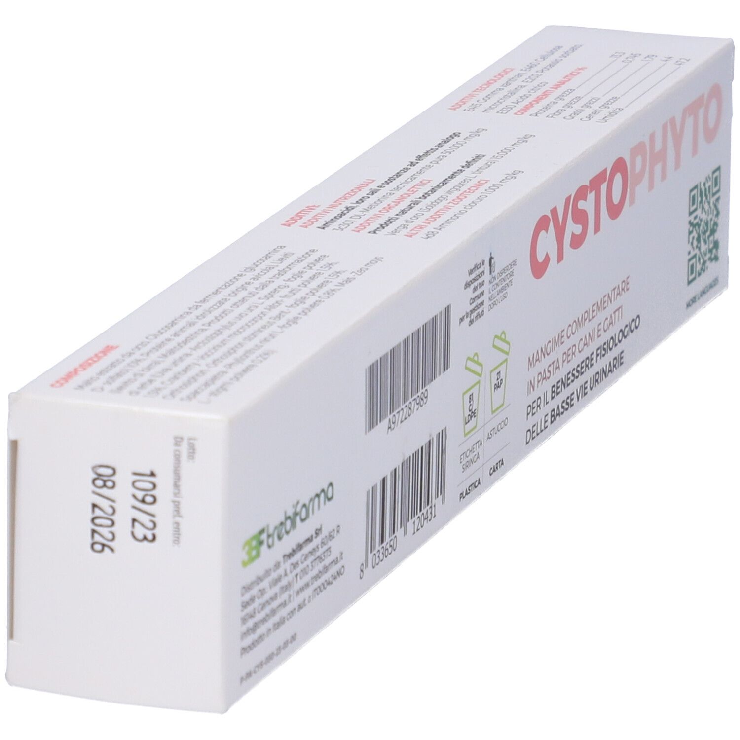 Confezione Cystophyto, scatola bianca con testo e logo. Logo 3BF. Testo: Cystophyto, per cani e gatti. Data di scadenza.
