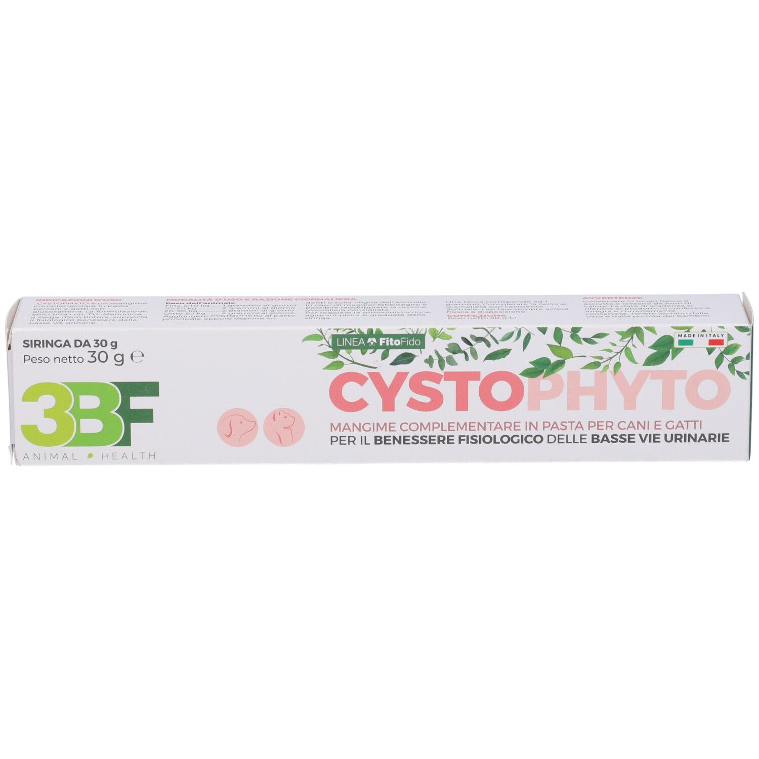 Confezione Cystophyto, scatola bianca con testo e logo. Logo 3BF. Testo: Cystophyto, per cani e gatti. Contenuto: 30g.