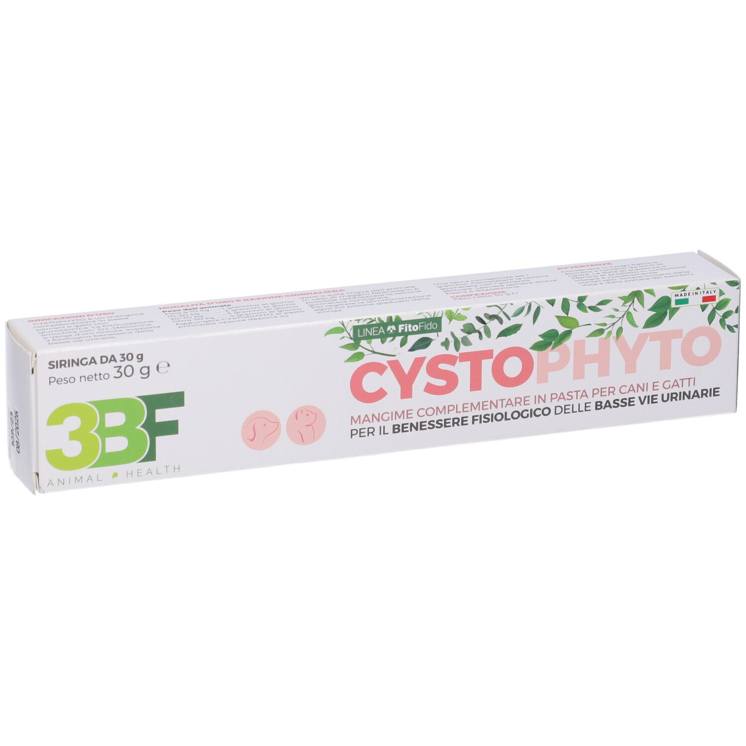Confezione Cystophyto, scatola bianca con testo e logo. Logo 3BF. Testo: Cystophyto, per cani e gatti. Contenuto: 30g.