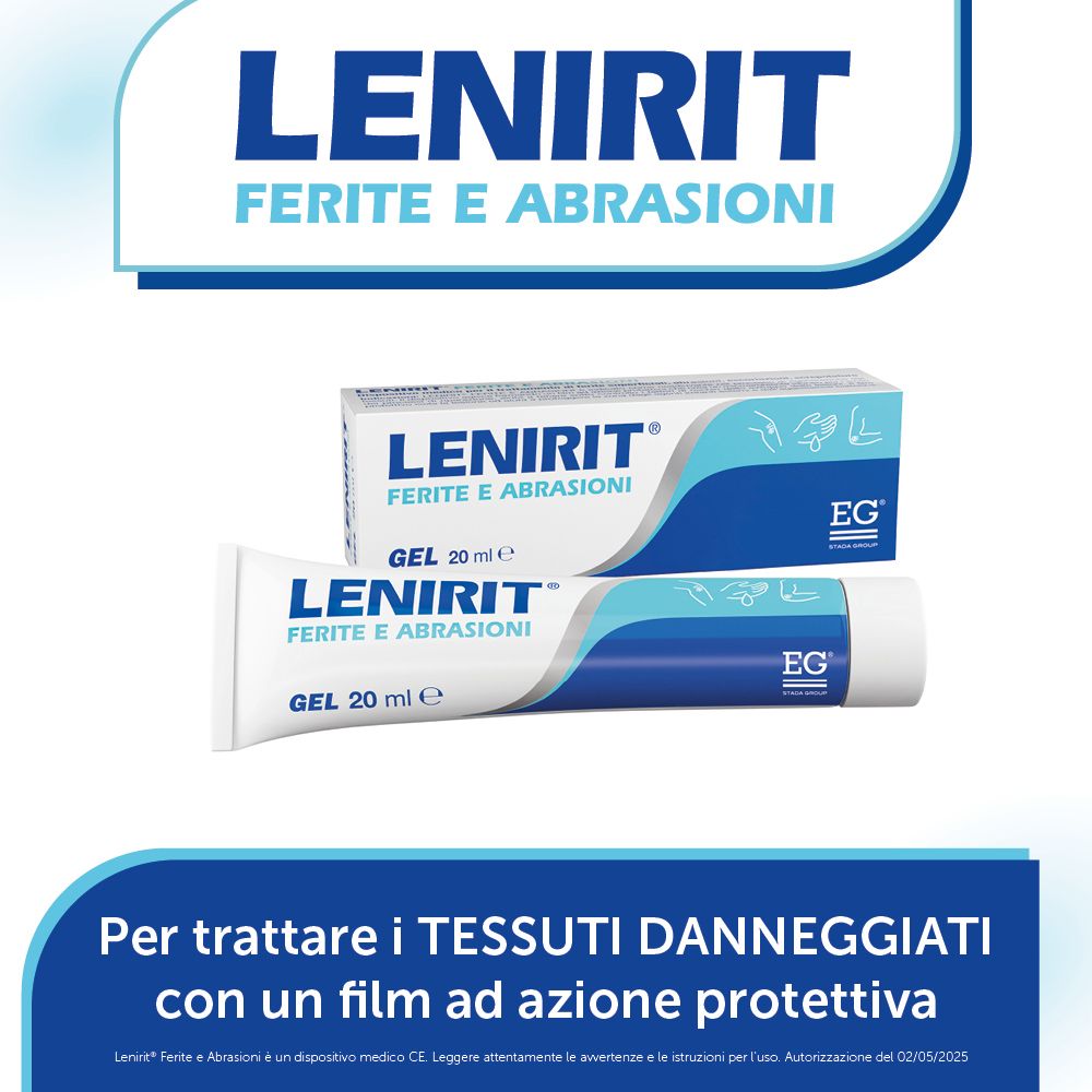 Lenirit Ferite e Abrasioni Gel: tubo e scatola con istruzioni.