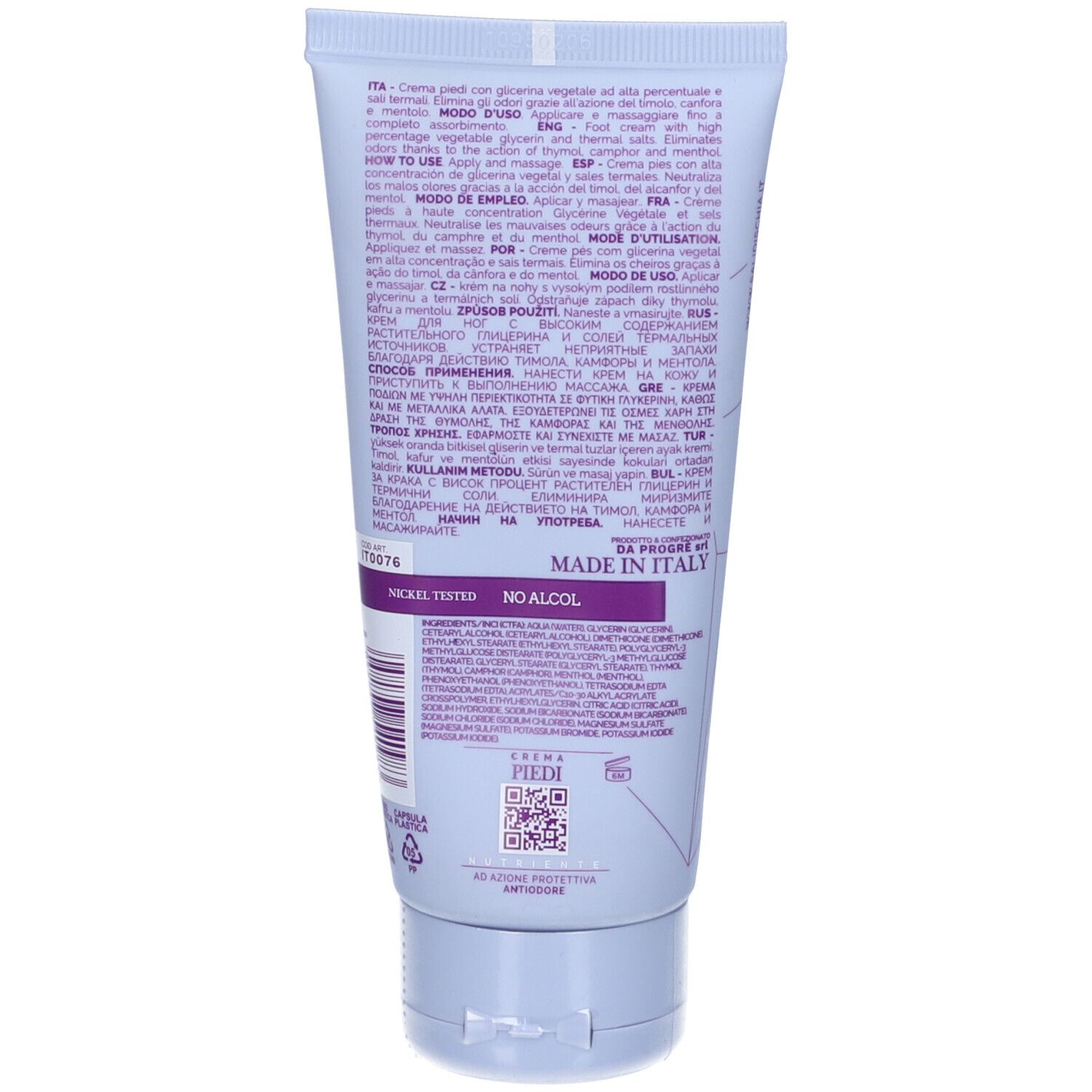 Retro del tubo di crema. Testo multilingue. Scritta: Nickel Tested, No Alcohol. Prodotto in Italia.