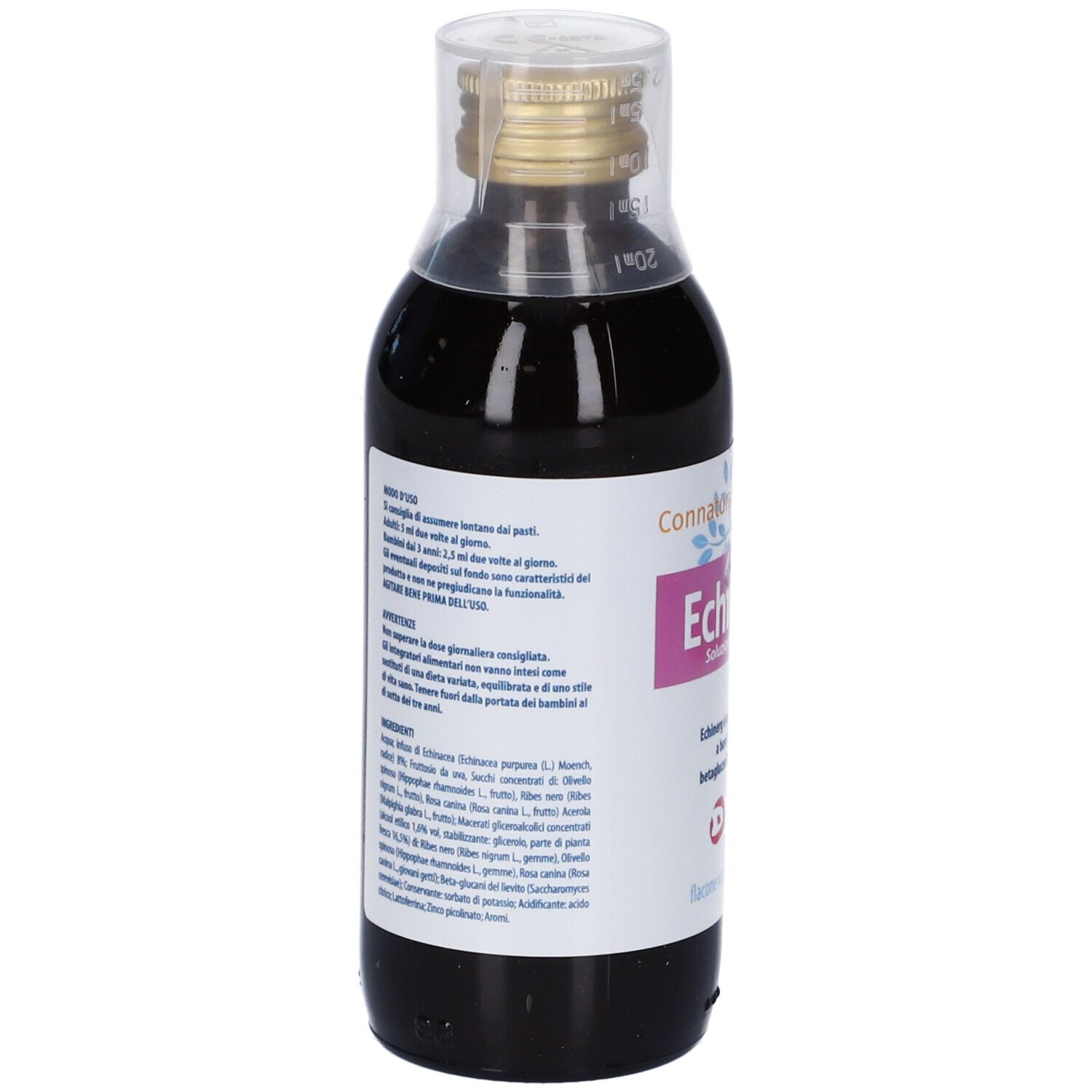 Flacone in vetro con liquido marrone. Etichetta con testo e ingredienti. Testo: Echinerg, Cemon.
