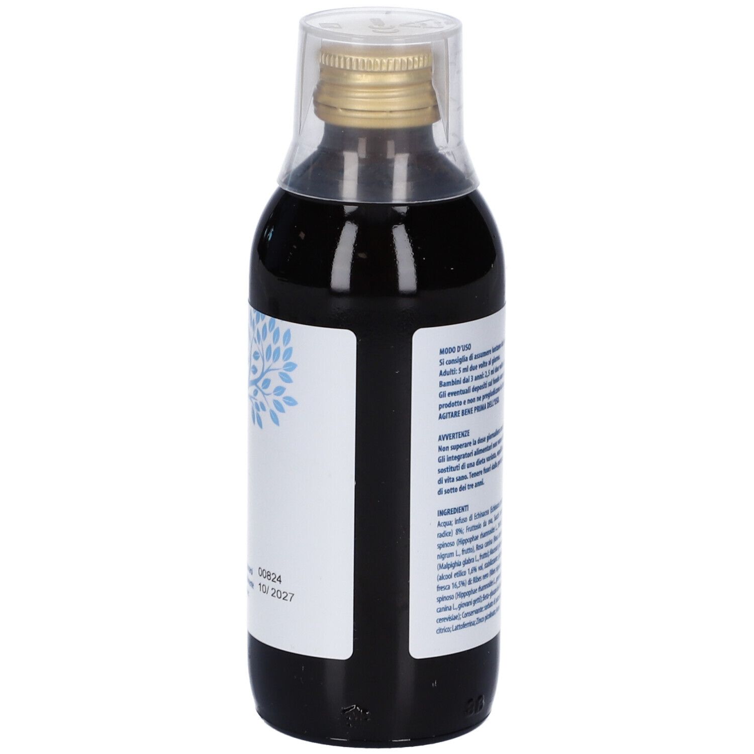 Flacone in vetro con liquido marrone. Etichetta con testo e numero di lotto. Testo: Echinerg, Cemon.