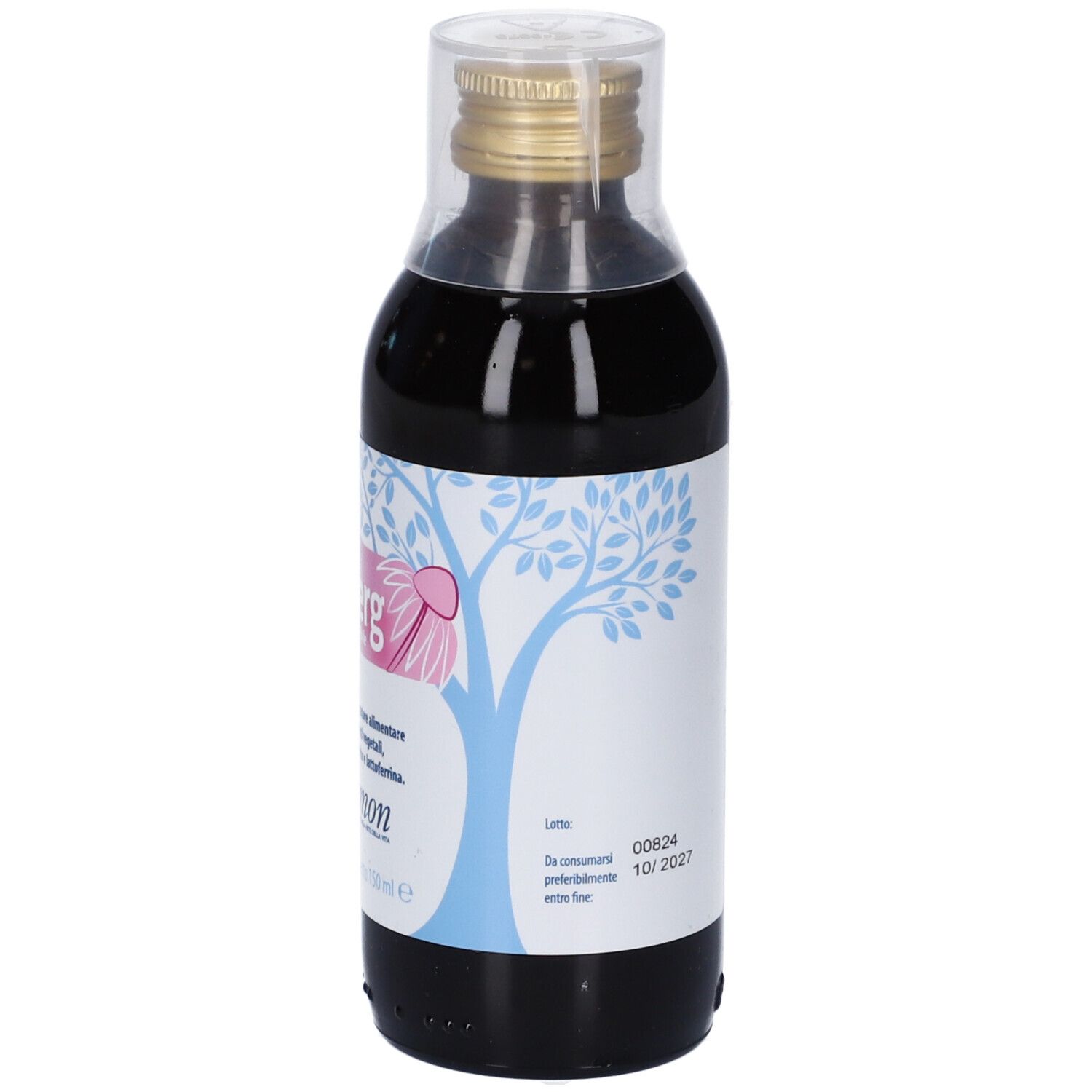 Flacone in vetro con liquido marrone. Etichetta con testo e grafica ad albero. Testo: Echinerg, Cemon.
