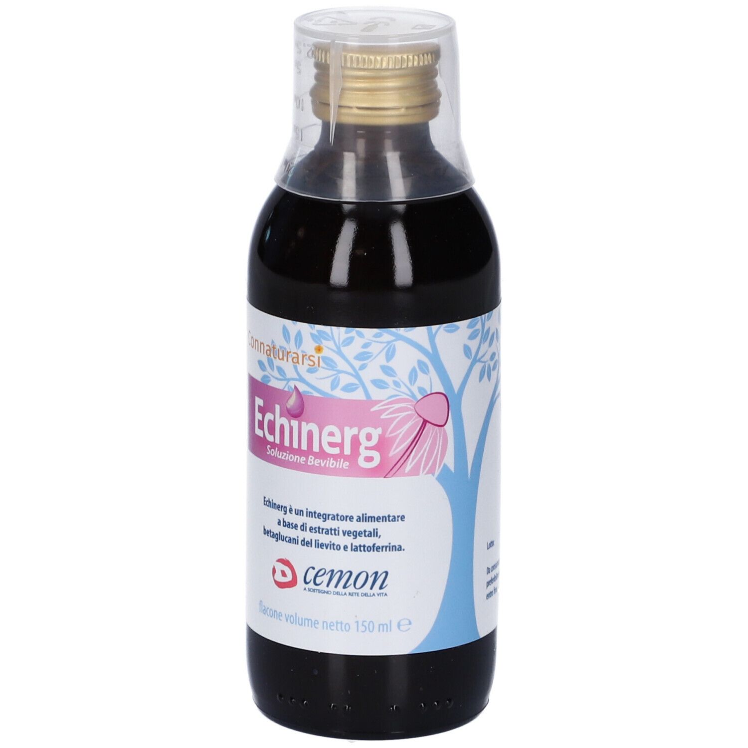 Flacone in vetro con liquido marrone. Etichetta con testo e logo. Testo: Echinerg, Cemon. Tappo trasparente.