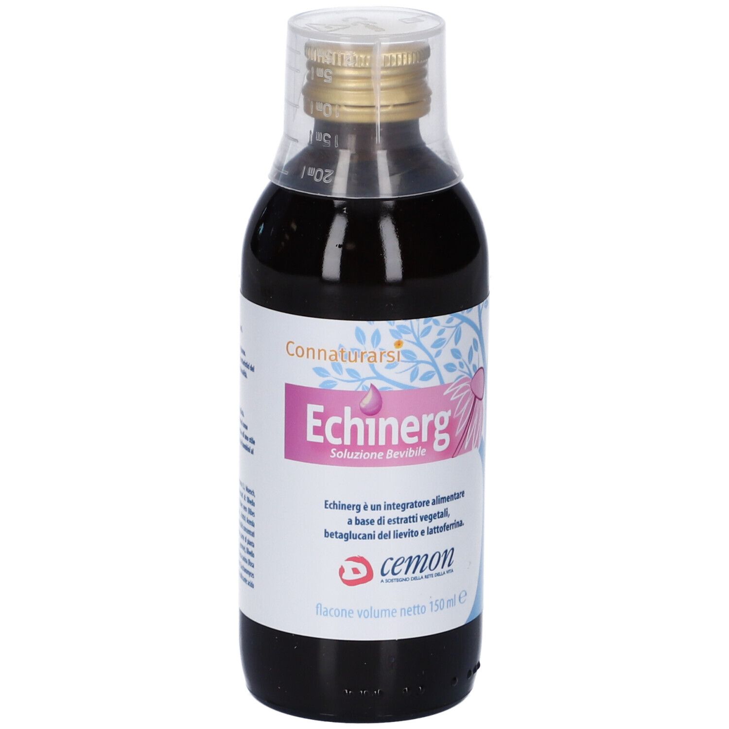Flacone in vetro con liquido marrone. Etichetta con testo e logo. Testo: Echinerg, Cemon. Tappo trasparente.