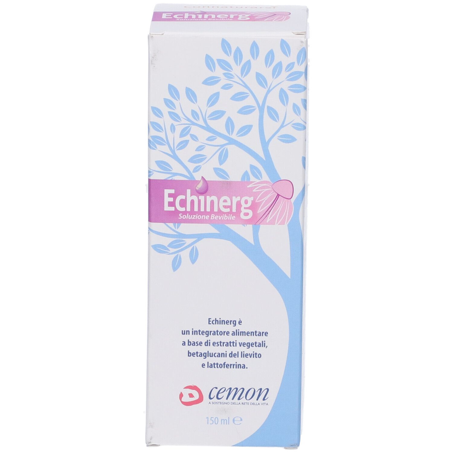 Scatola con testo e logo. Testo: Echinerg, Cemon. Grafica ad albero. Rosa e bianco.
