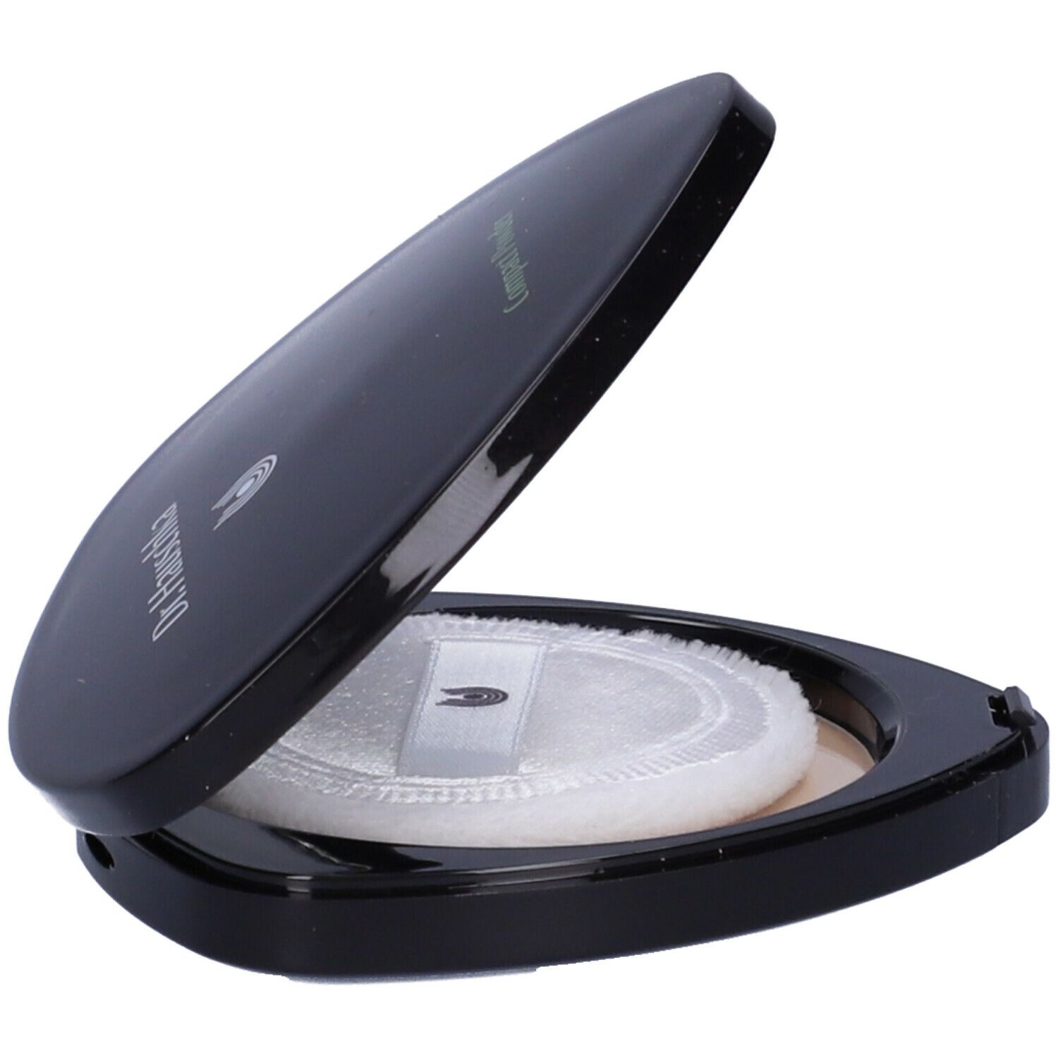 Cipria compatta nera triangolare, con specchio e piumino. Coperchio socchiuso.