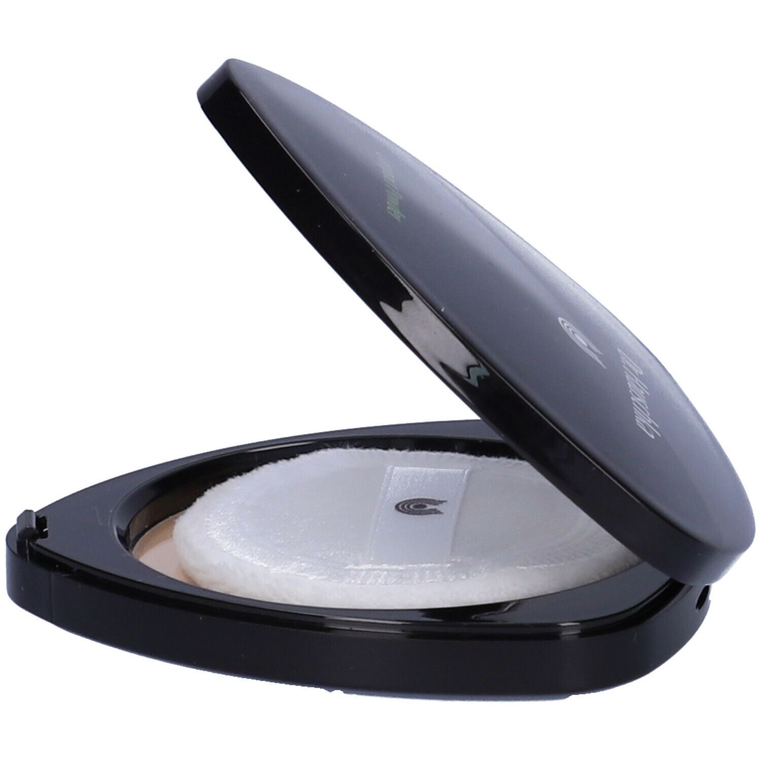 Cipria compatta nera triangolare, con specchio e piumino. Coperchio socchiuso.