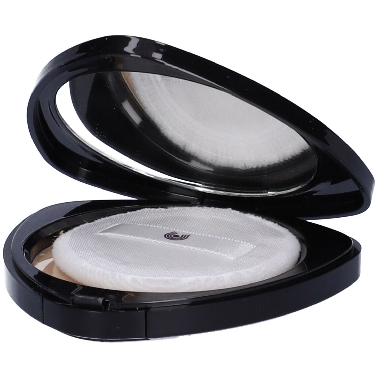 Cipria compatta nera triangolare, con specchio e piumino. Coperchio aperto.