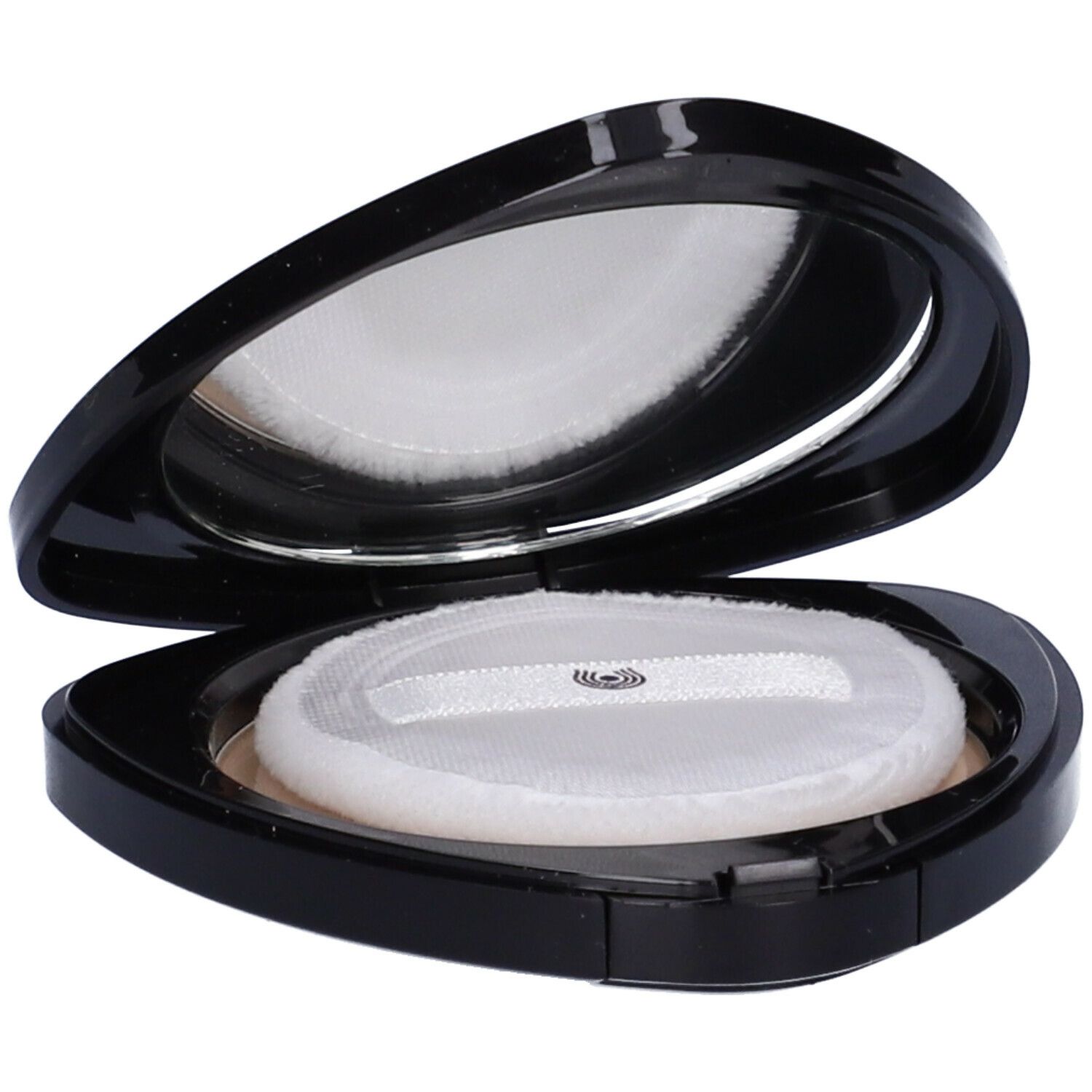 Cipria compatta nera triangolare, con specchio e piumino. Coperchio aperto.