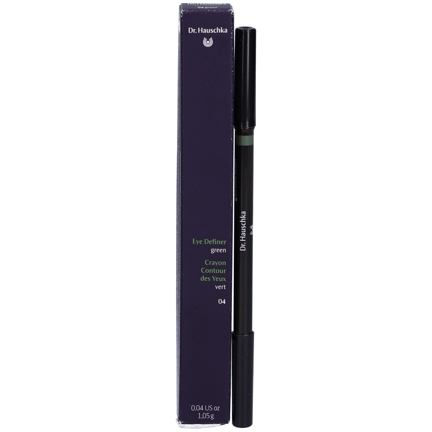Matita nera e confezione. Scritta: Eye Definer green, Crayon contour des yeux vert, 04, 0.04 US oz / 1.05 g.