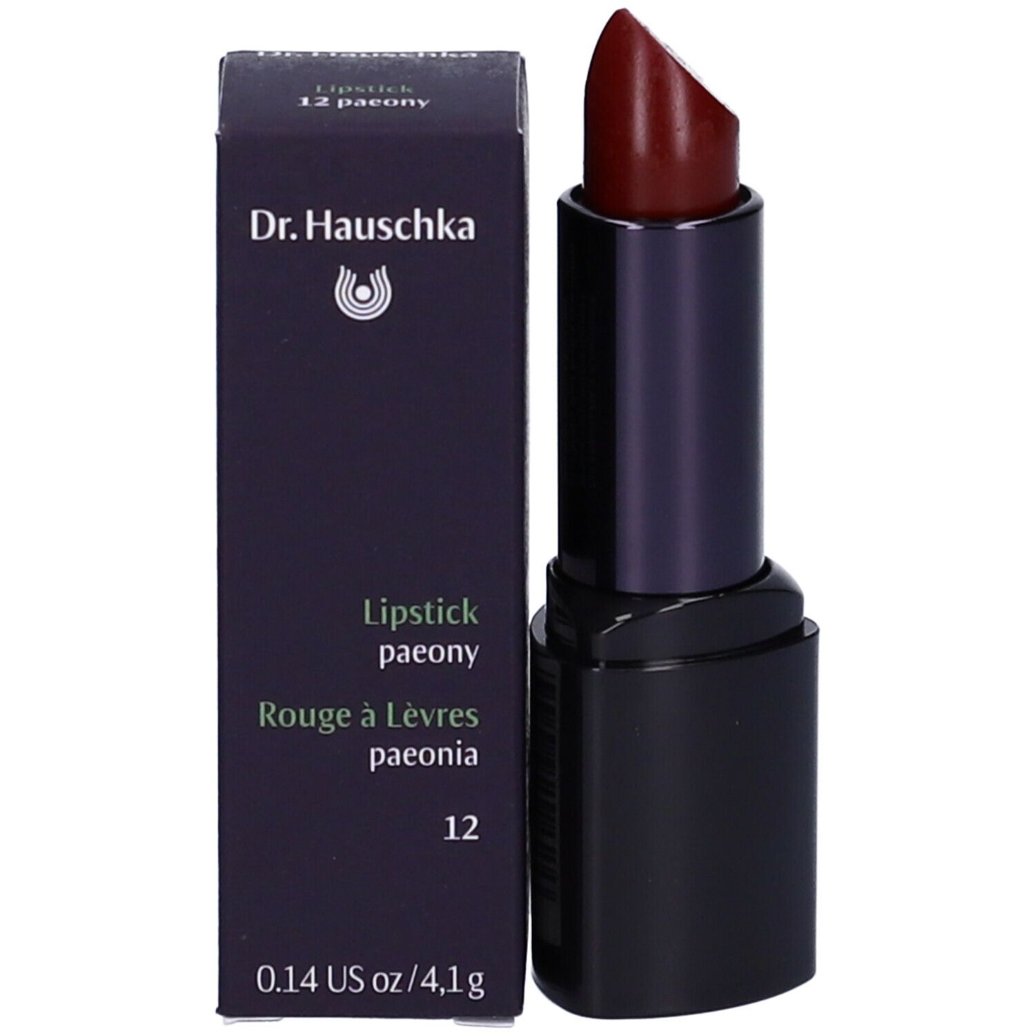 Rossetto e confezione. Astuccio nero, rossetto rosso scuro. Testo sulla confezione: Dr. Hauschka, Lipstick 12.