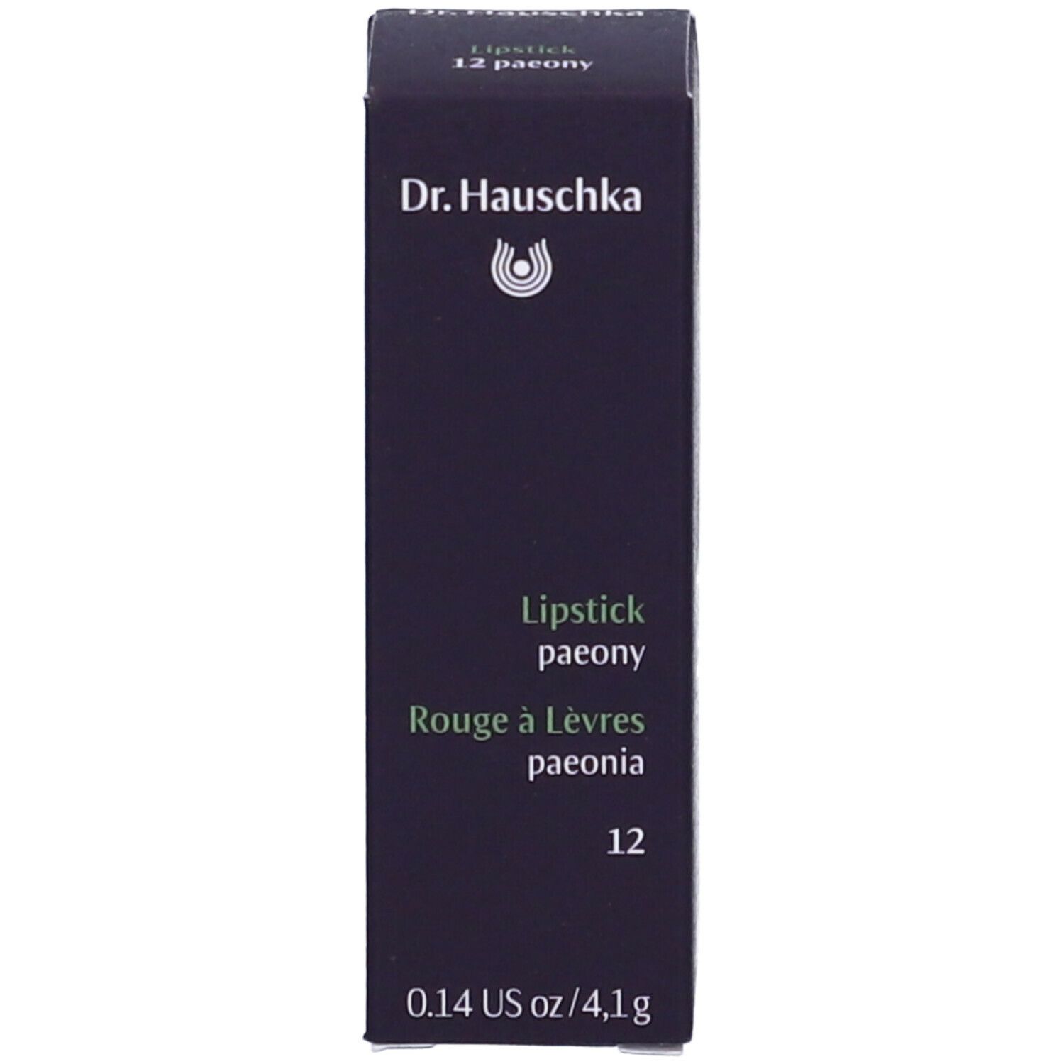 Confezione rossetto. Scatola nera con testo: Dr. Hauschka, Lipstick 12, 0.14 US oz/4,1g.