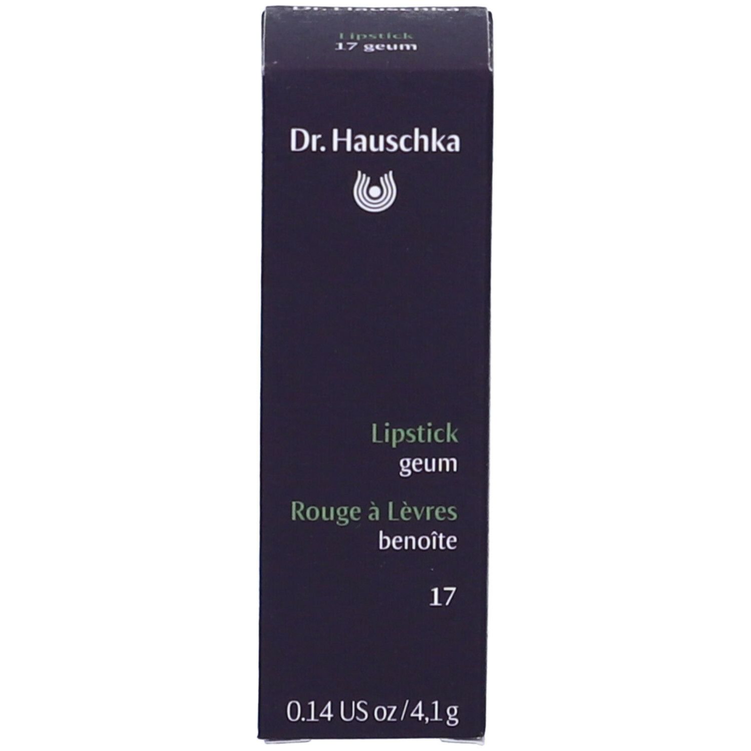 Confezione blu scuro per rossetto. Nome del prodotto, colore e marchio visibili.