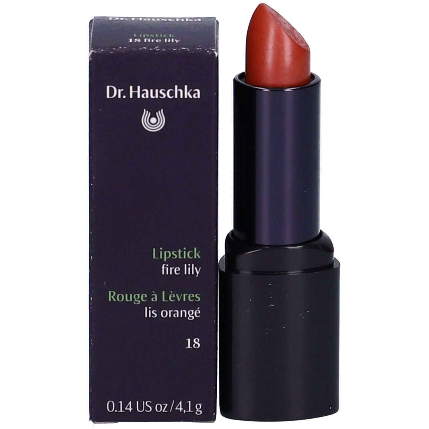 Rossetto e confezione. Astuccio nero, parte centrale blu scuro. Scatola con informazioni.