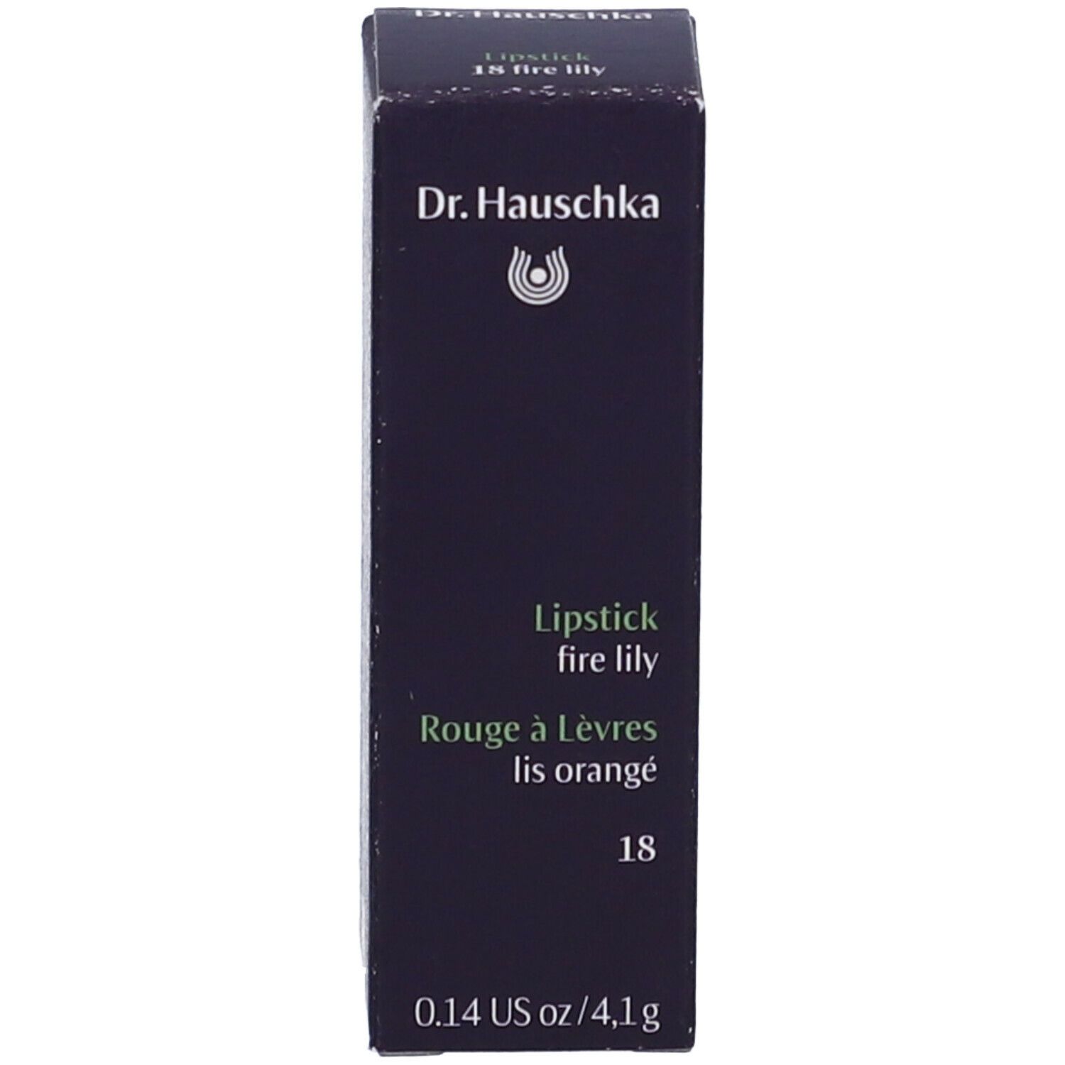 Confezione in cartone per rossetto. Nera, informazioni sul prodotto e marchio Dr. Hauschka.