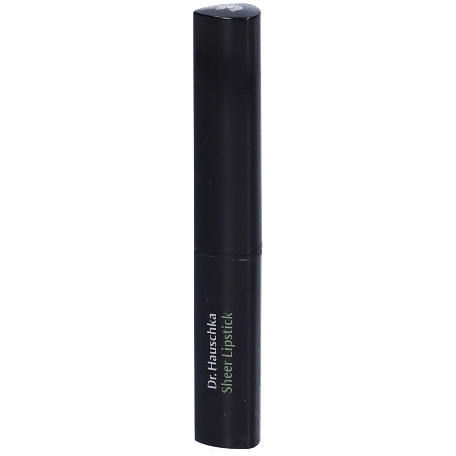 Rossetto nero Dr. Hauschka. Scritta: Sheer Lipstick. Astuccio chiuso.