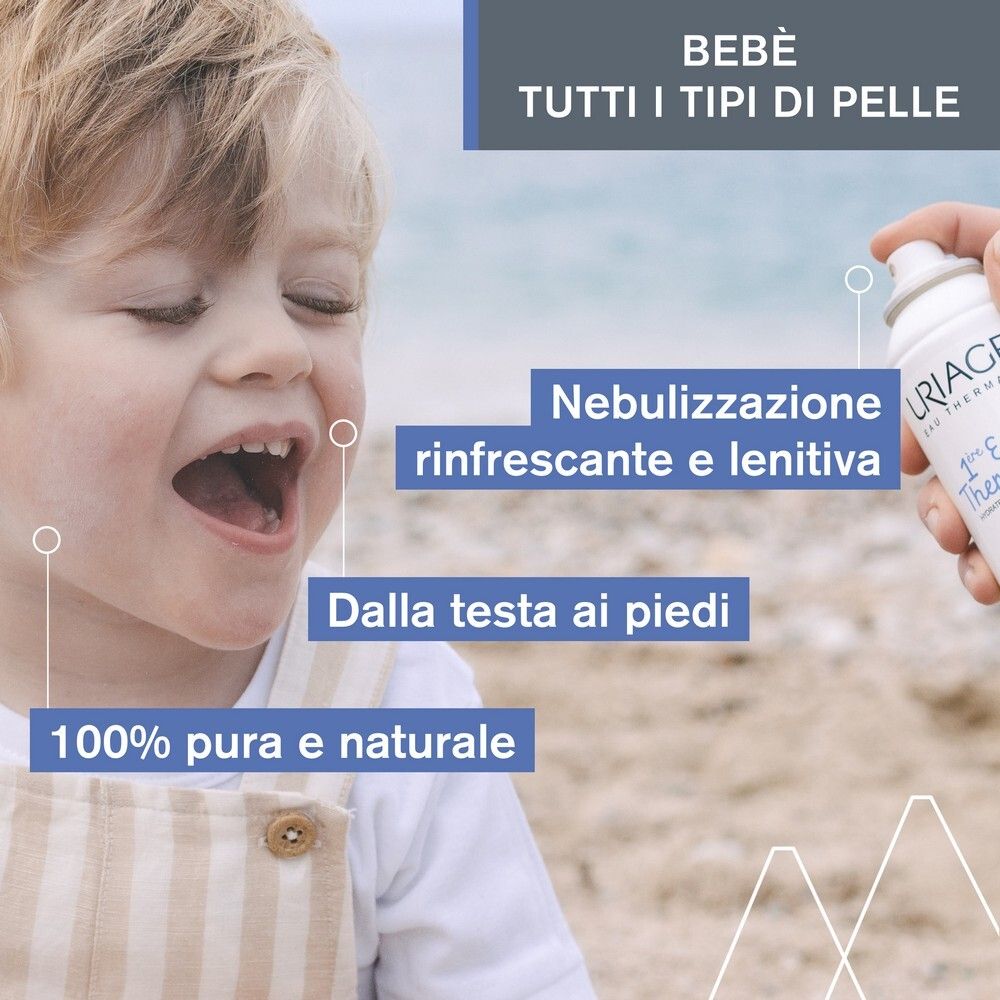 Bambino con spray Uriage Eau Thermale. Testo: Nebulizzazione, rinfrescante e lenitiva. 100% pura e naturale.