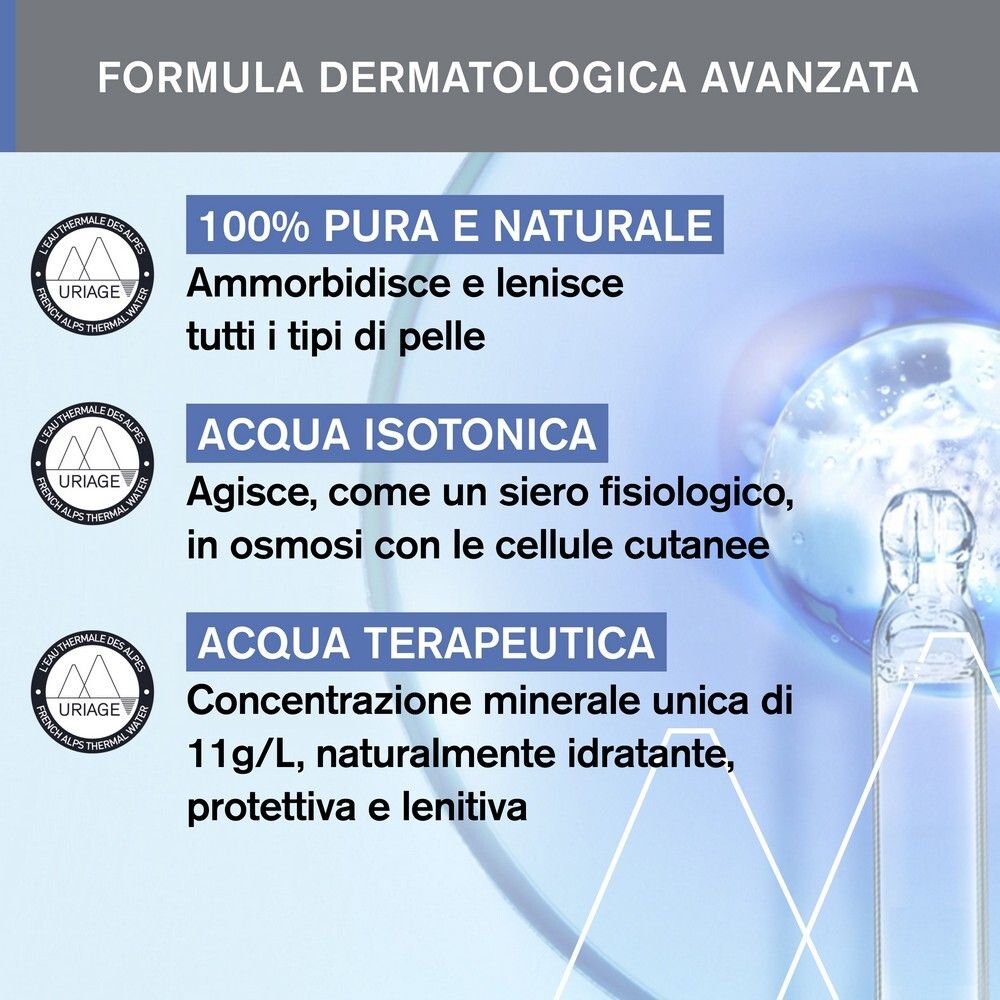Infografica. Testo: 100% pura e naturale, ammorbidisce e lenisce. Acqua isotonica. Acqua terapeutica.