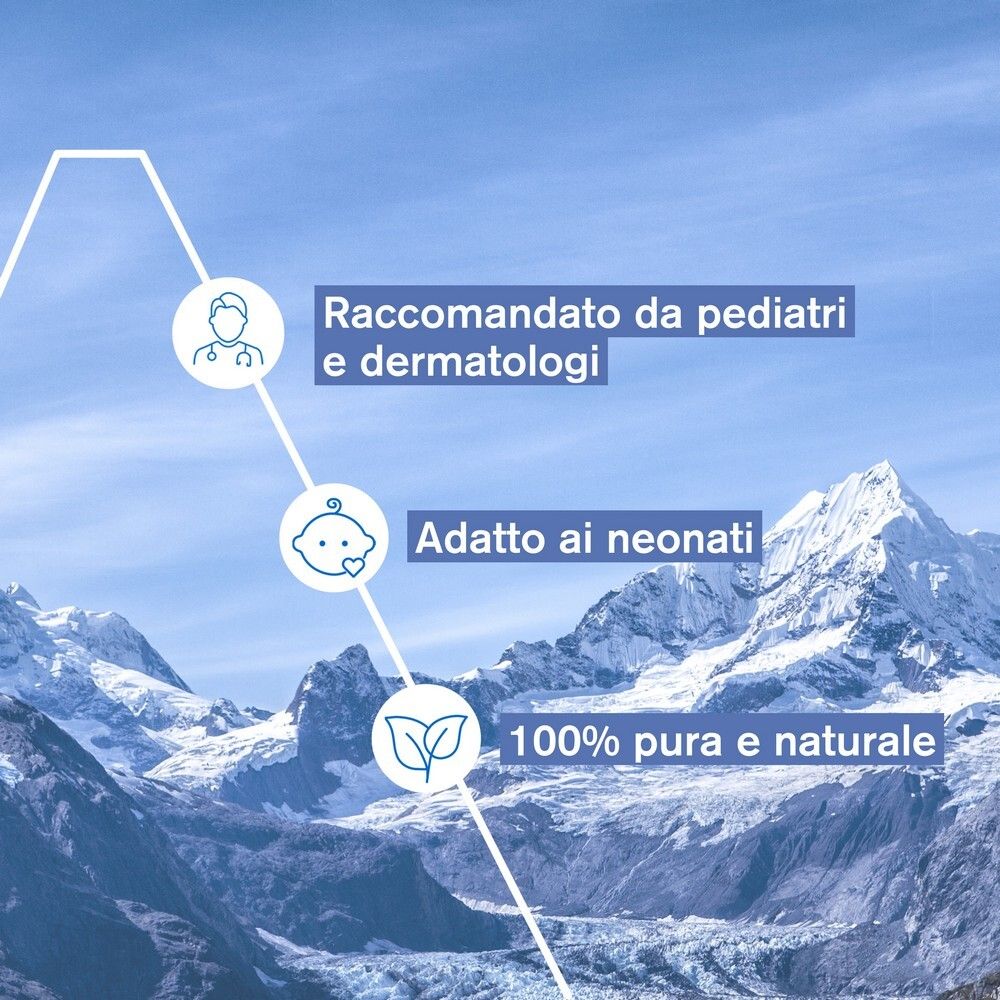 Infografica. Testo: Raccomandato da pediatri e dermatologi. Adatto ai neonati. 100% pura e naturale.