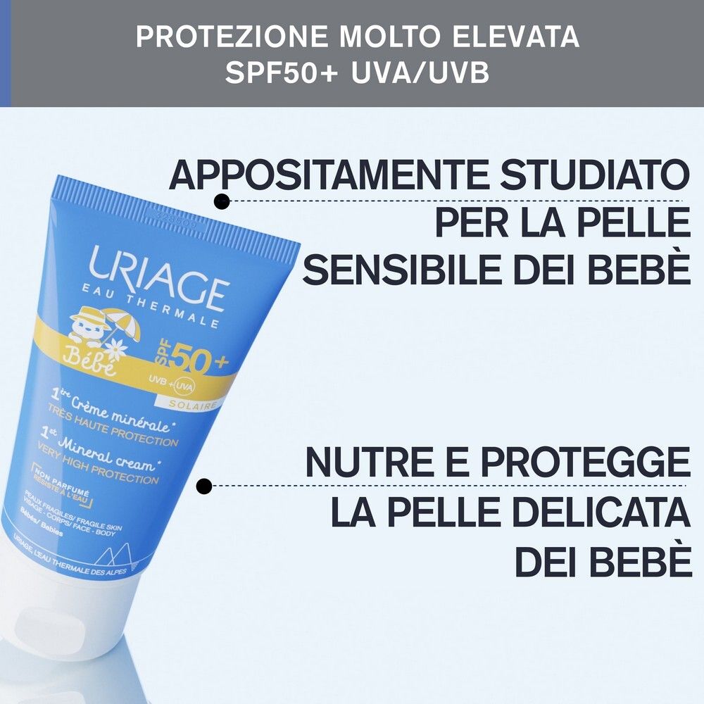 Tubo blu con testo. Protezione SPF50+ UVA/UVB. Appositamente studiato per la pelle sensibile dei bebè. Nutre e protegge.