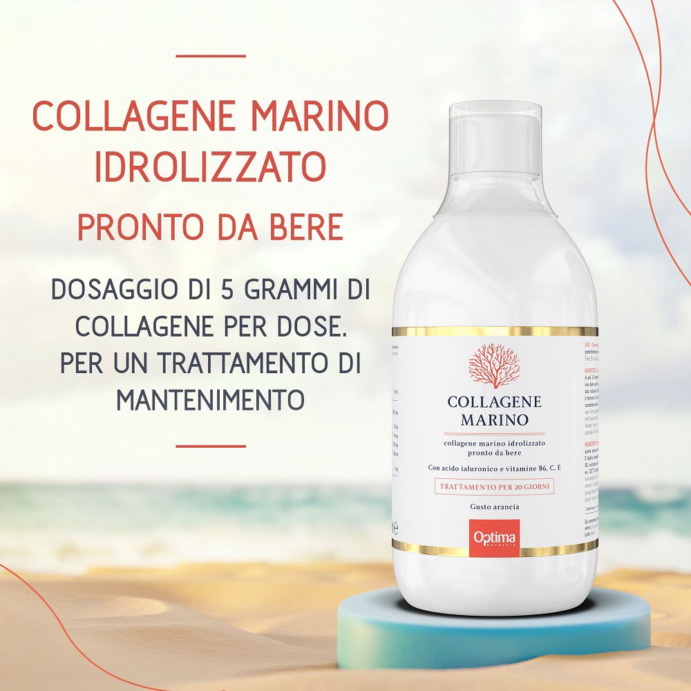 Flacone di collagene marino su un piedistallo in spiaggia. Testo: 5g di collagene per dose.