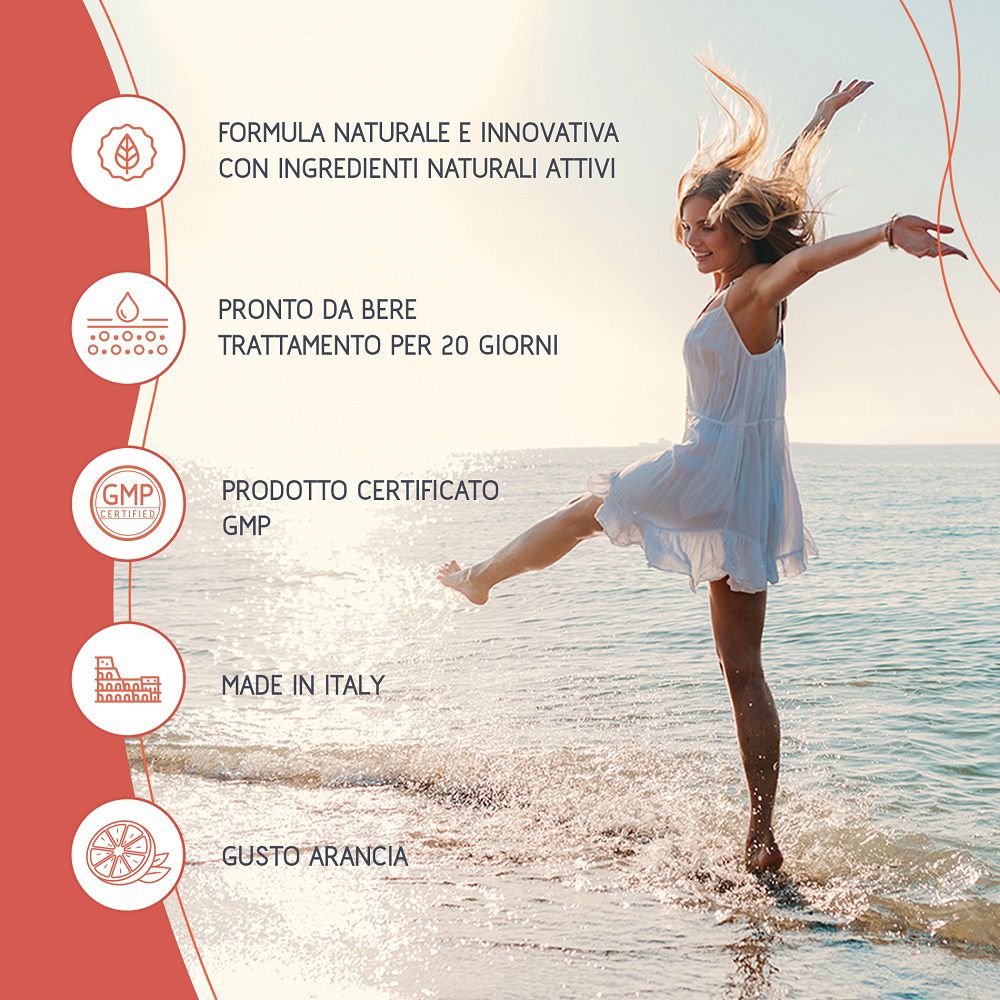 Donna al mare, accanto a simboli: formula naturale, pronto da bere, certificato GMP, made in Italy, gusto arancia.