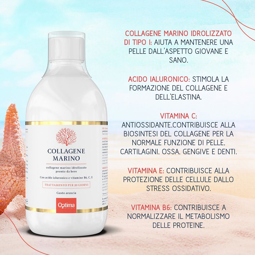 Flacone di collagene marino, acido ialuronico e vitamine. Testo sui benefici per pelle e articolazioni.