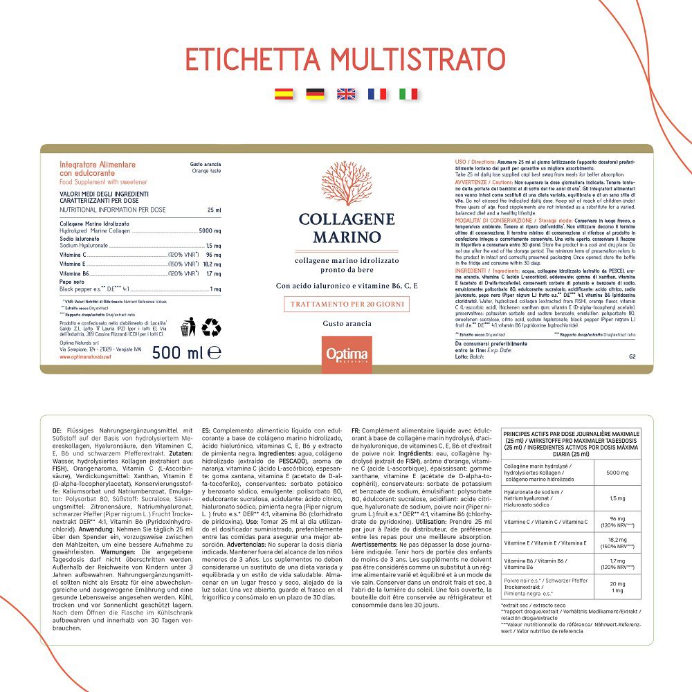 Etichetta con informazioni nutrizionali e ingredienti per il collagene marino. 500 ml.