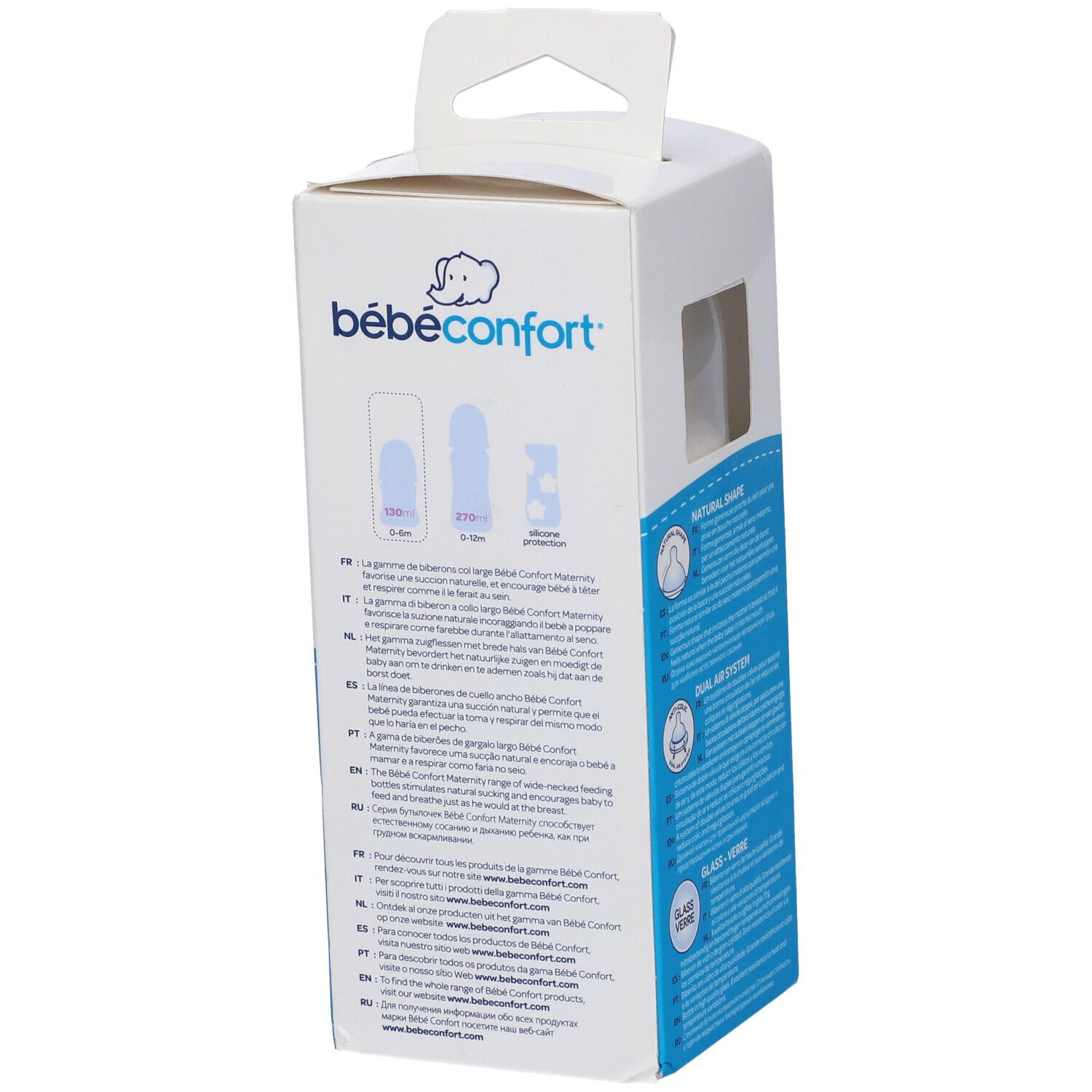 Retro della confezione del biberon. Testo: bébéconfort, Verre Maternity. Illustrazioni e testo multilingue.