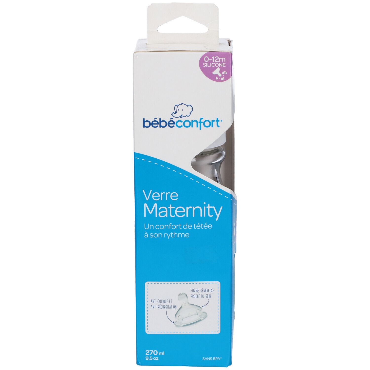 Confezione biberon Bébé Confort. Visibile: biberon, tettarella, testo "Verre Maternity".